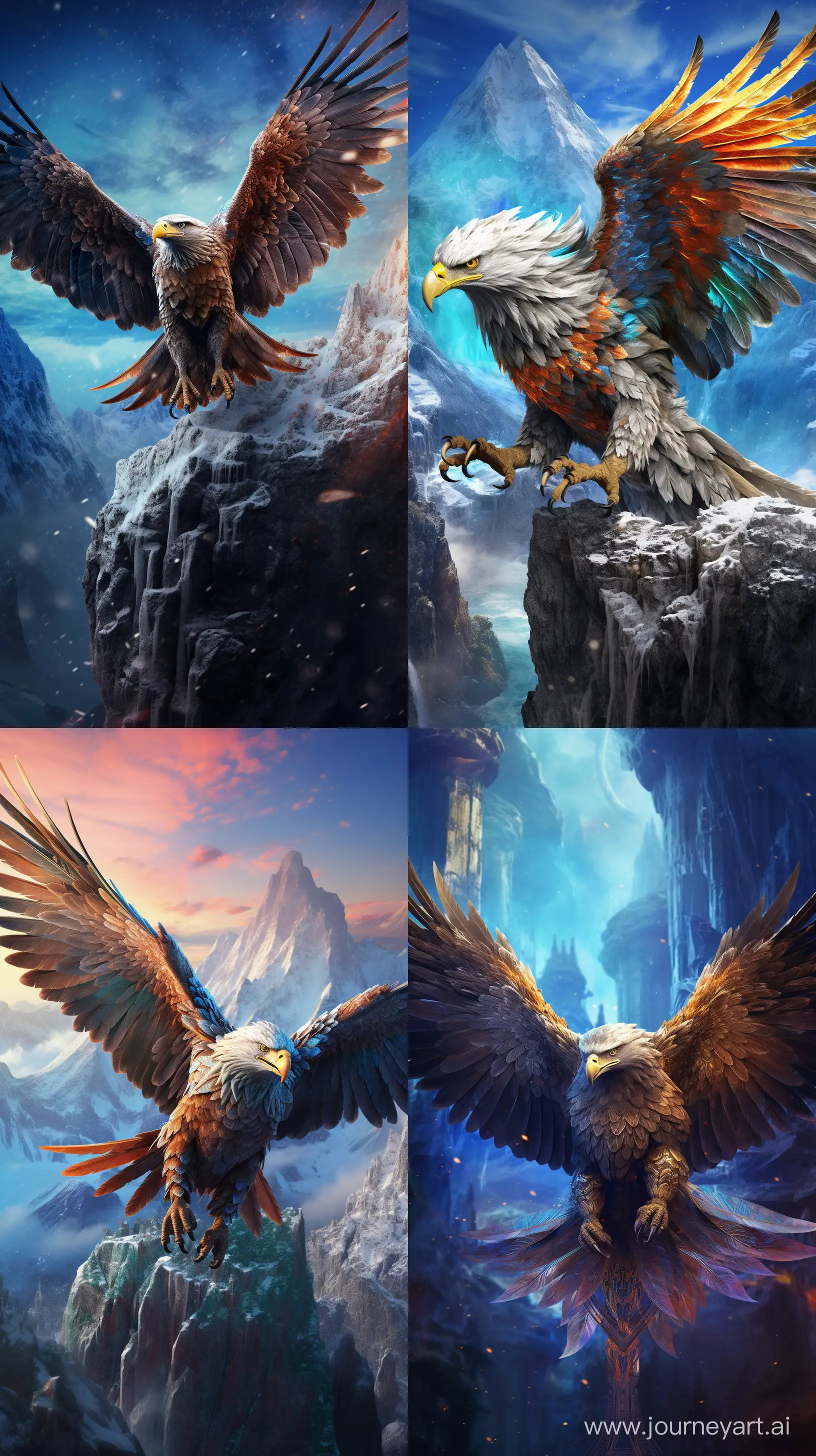 Colorful images of an eagle with one body but 2heads from ancient Hindu mythology, flying high, fierce expression, realistic depiction, close-up, intricate details, high resolution 8k quality celestial background --ar 9:16 