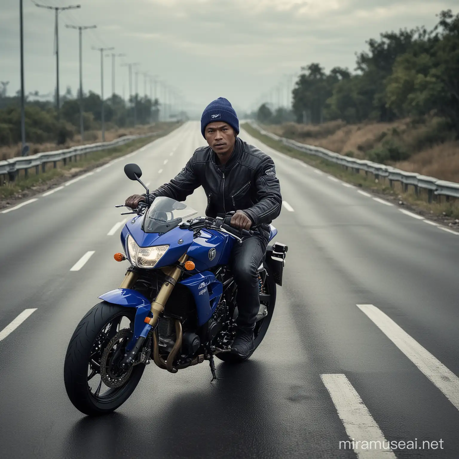 Indonesian Man Resting on Empty Highway with MotoGP Yamaha Motorcycle