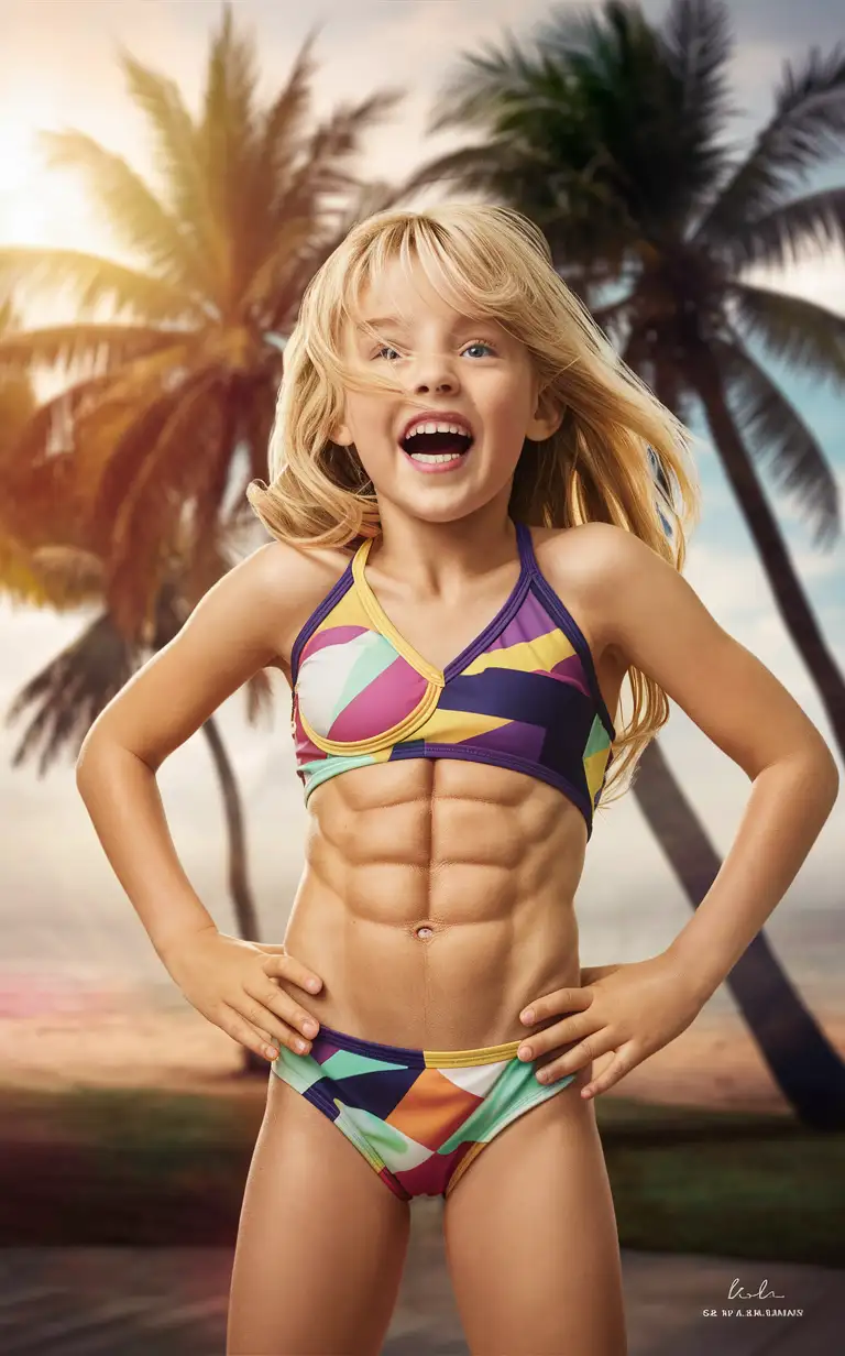 Blond-7YearOld-Girl-with-Unique-Bathing-Suit-and-Muscular-Abs