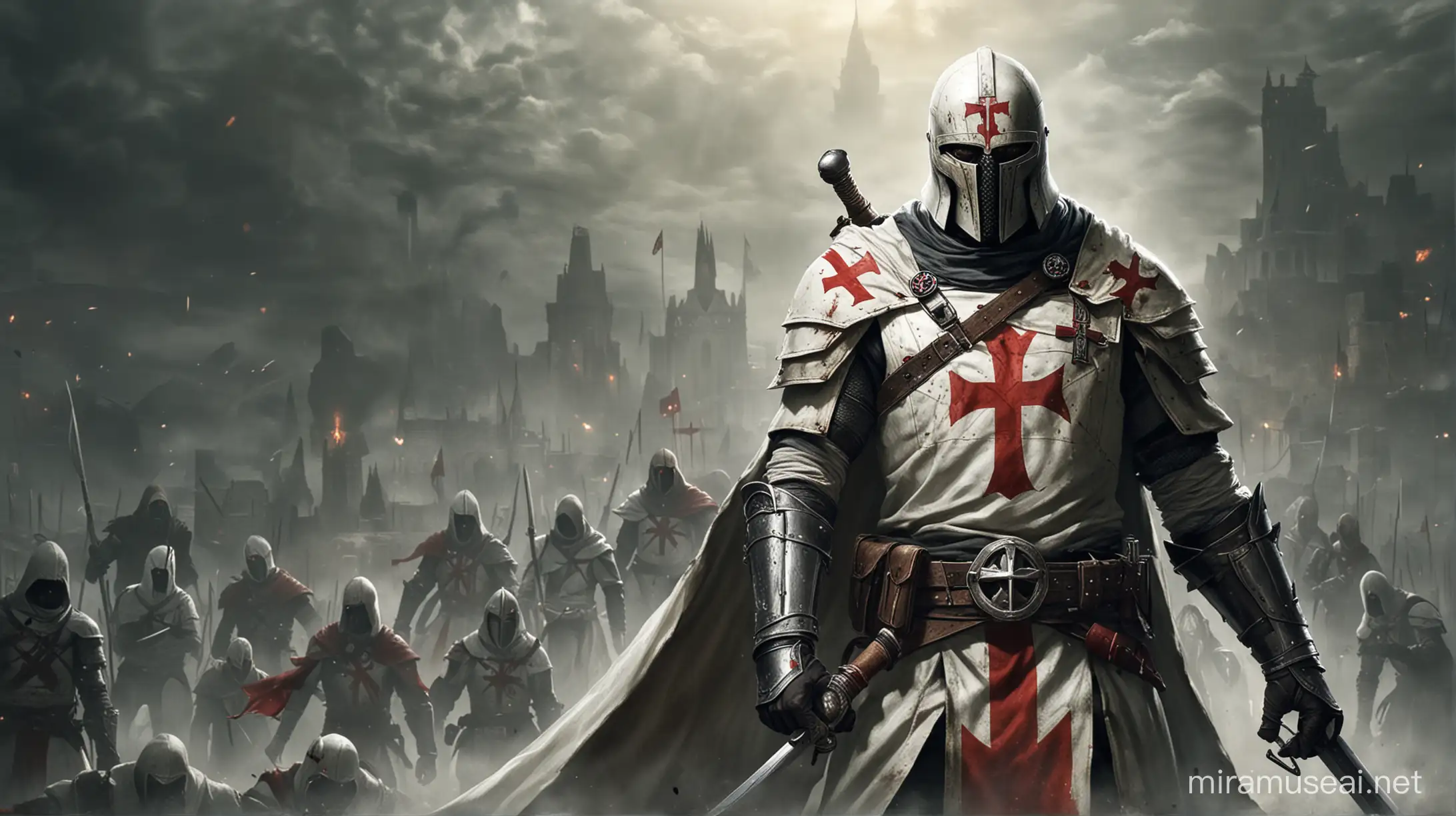 Medieval Templar Knight in Shining Armor with Sword