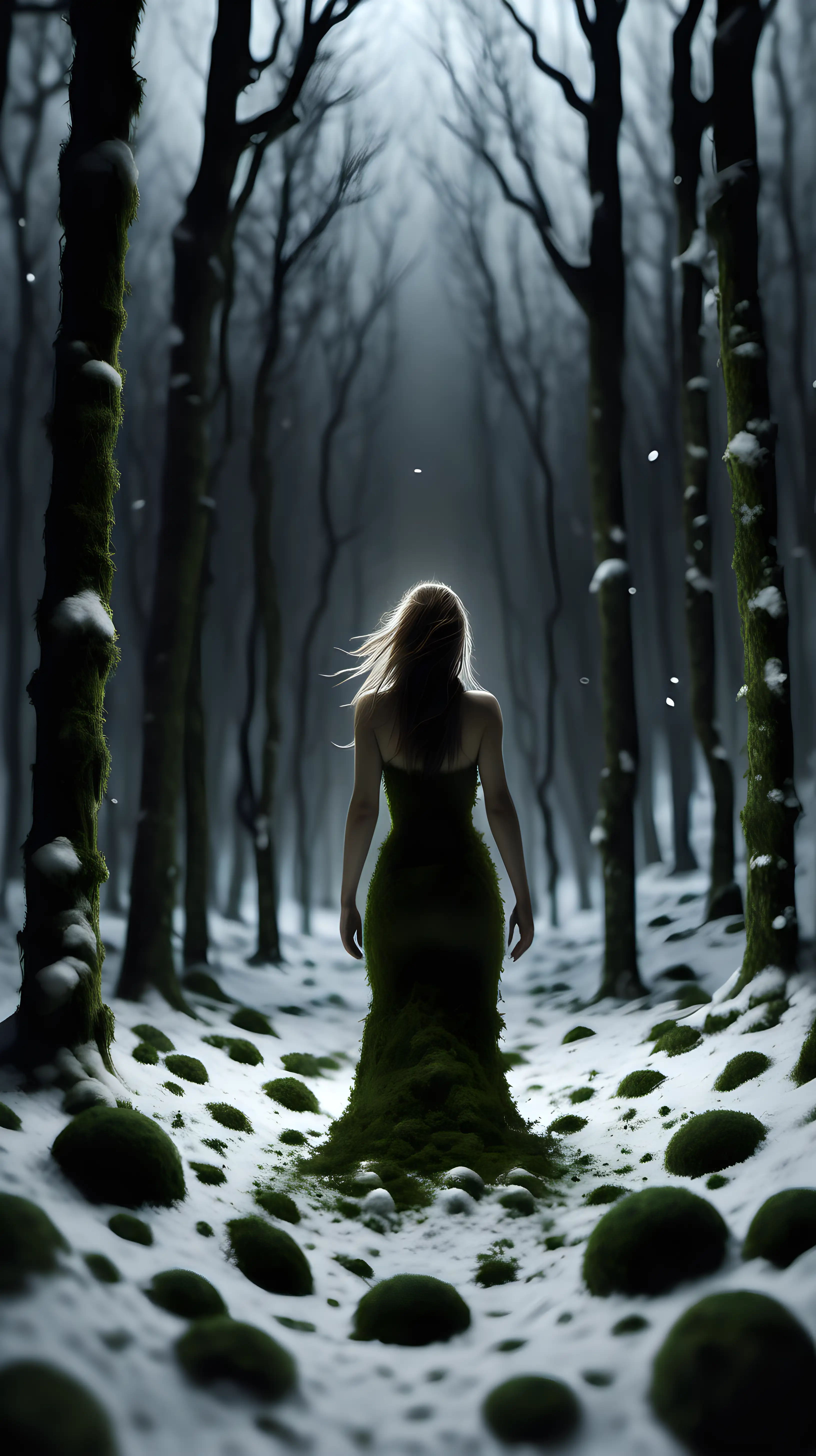 create a night snow forest scene, female spirit is moving away from camera in the horizon, moss covered with snow, ultra realistic, ambient light