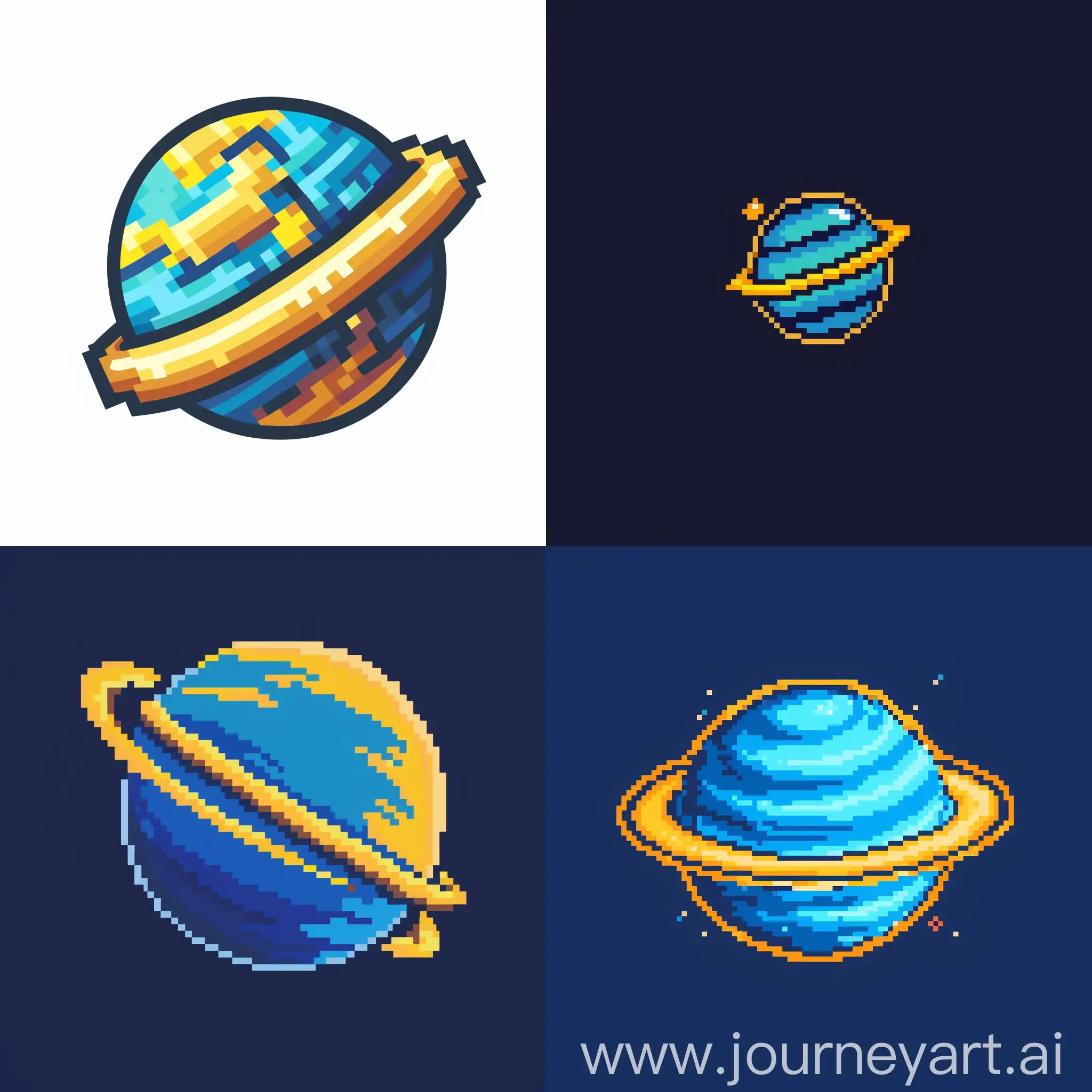 very simple, pixel art, logo, planet with ring, rounded, blue and yellow
