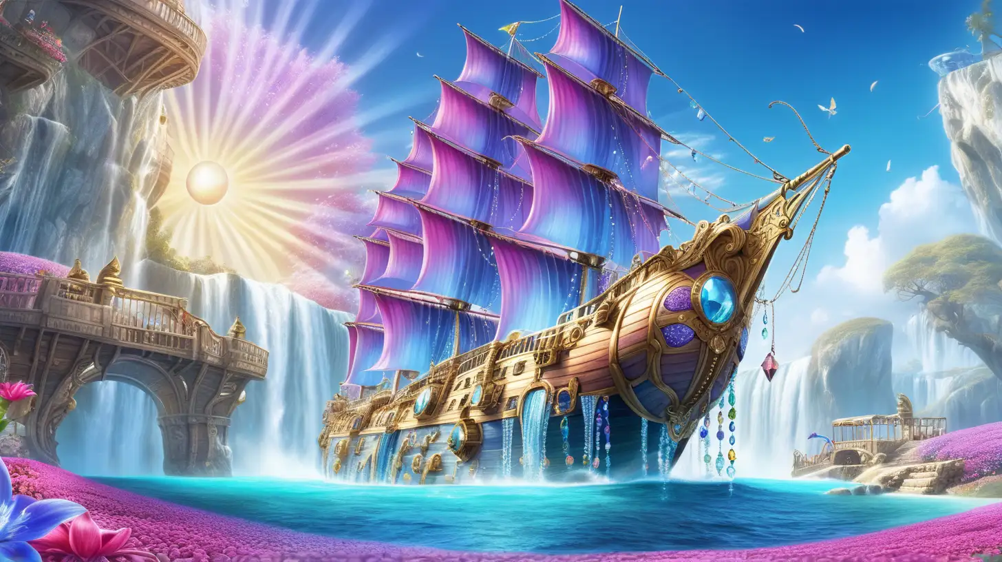 Magical Fairytale bright blue and purple waterfall and gold and gemstones and treasure chests and bright-pink flowers-growing on an old-giant flying ship with bright sunny sky