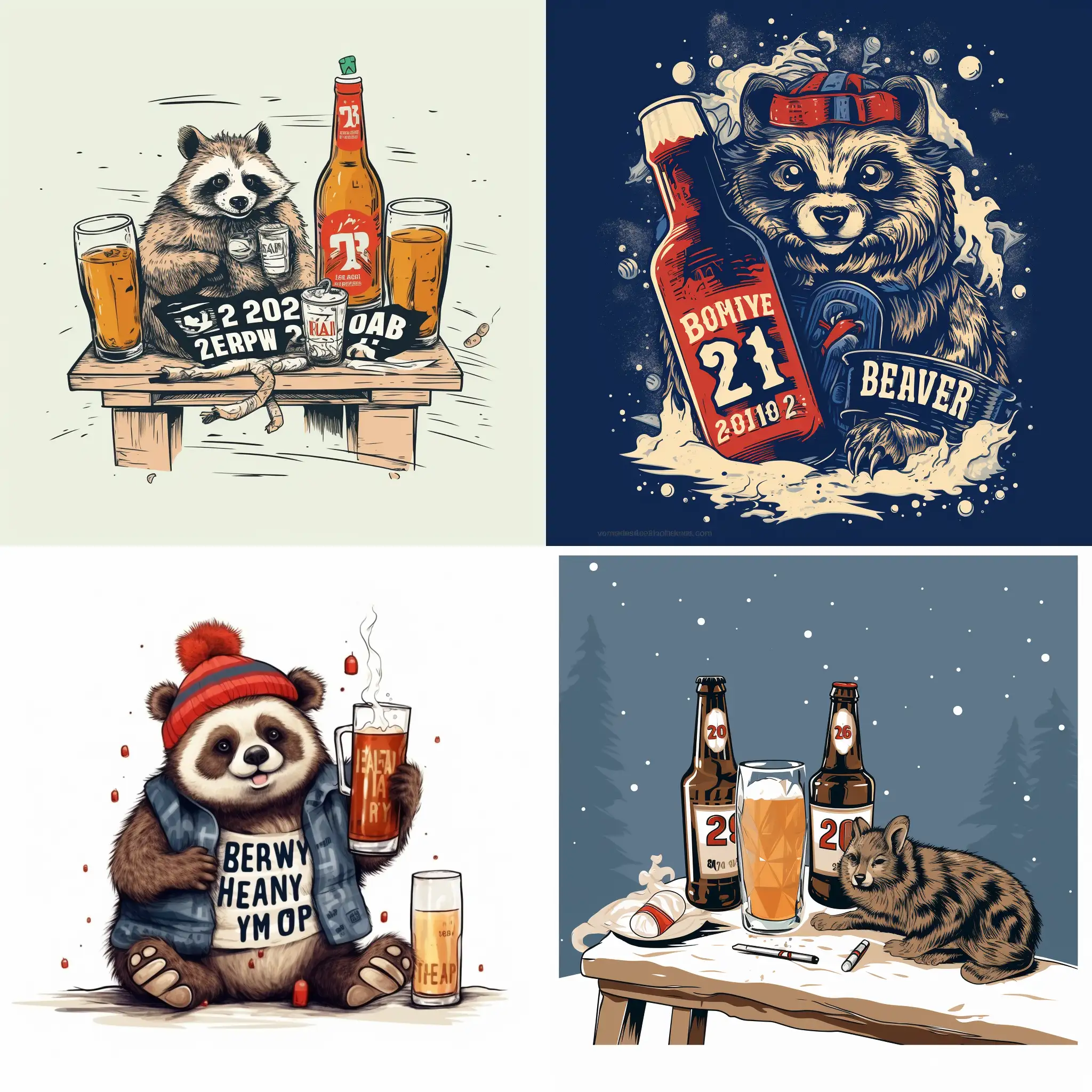 Смешная новогодняя открытка 2024 с пивом и енотом