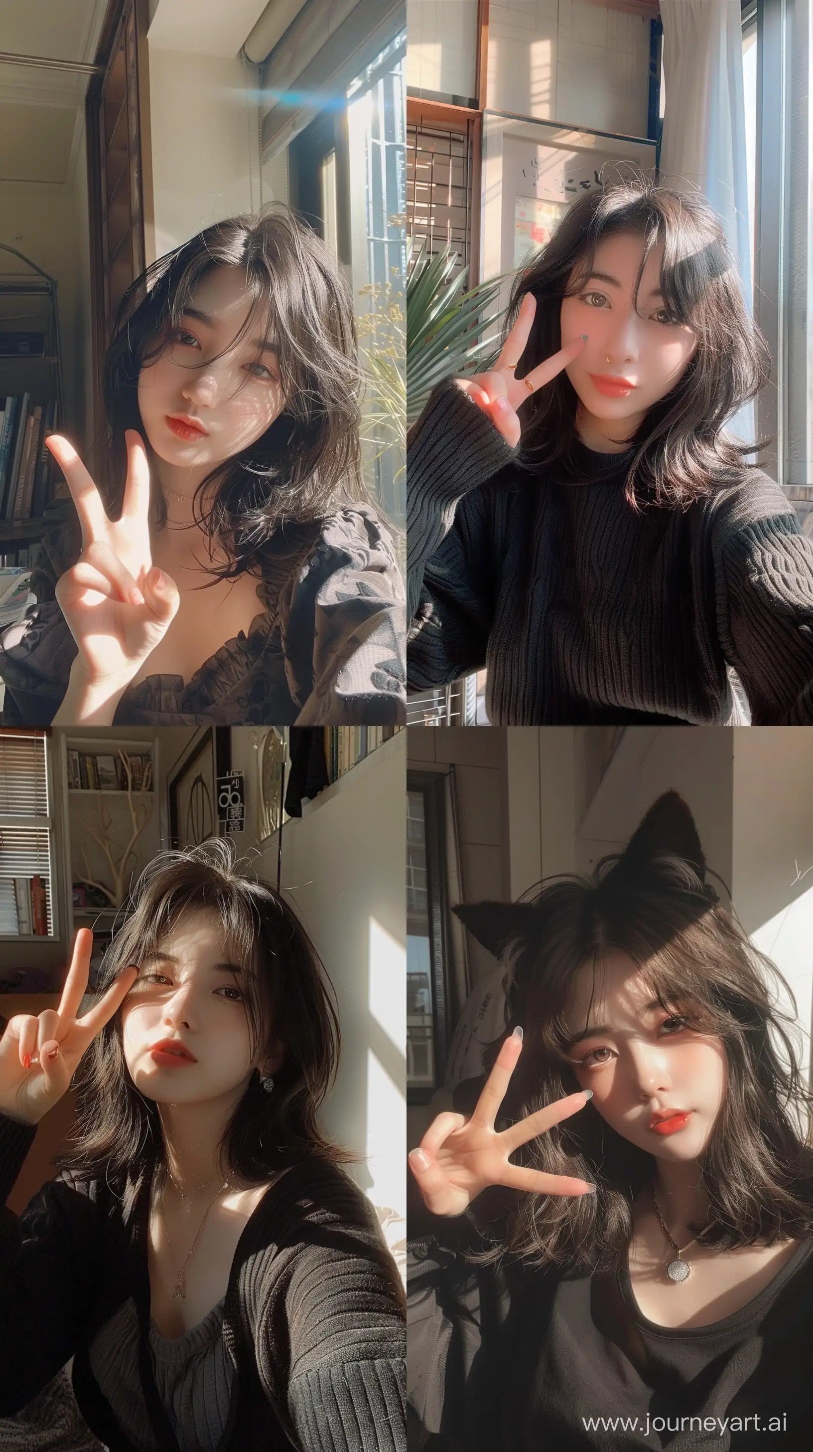 Aesthetic instagram asian girl with medium hair,wolfcut hair style with e girl make up,making peace sign in sunlit room --ar 9:16