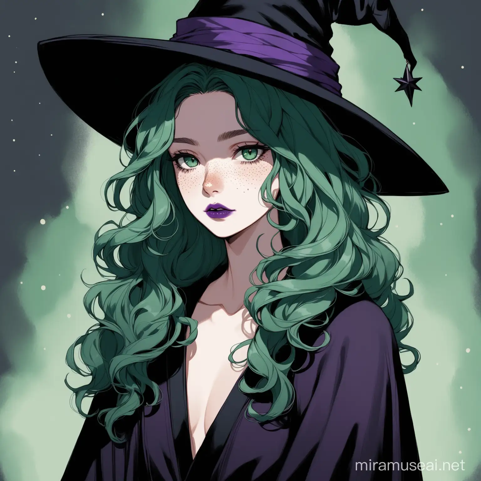 dark black witch; black hat; gray eyes; long curly emerald hair; purple lipstick; and freckles; she is thin; long dark green robe; 