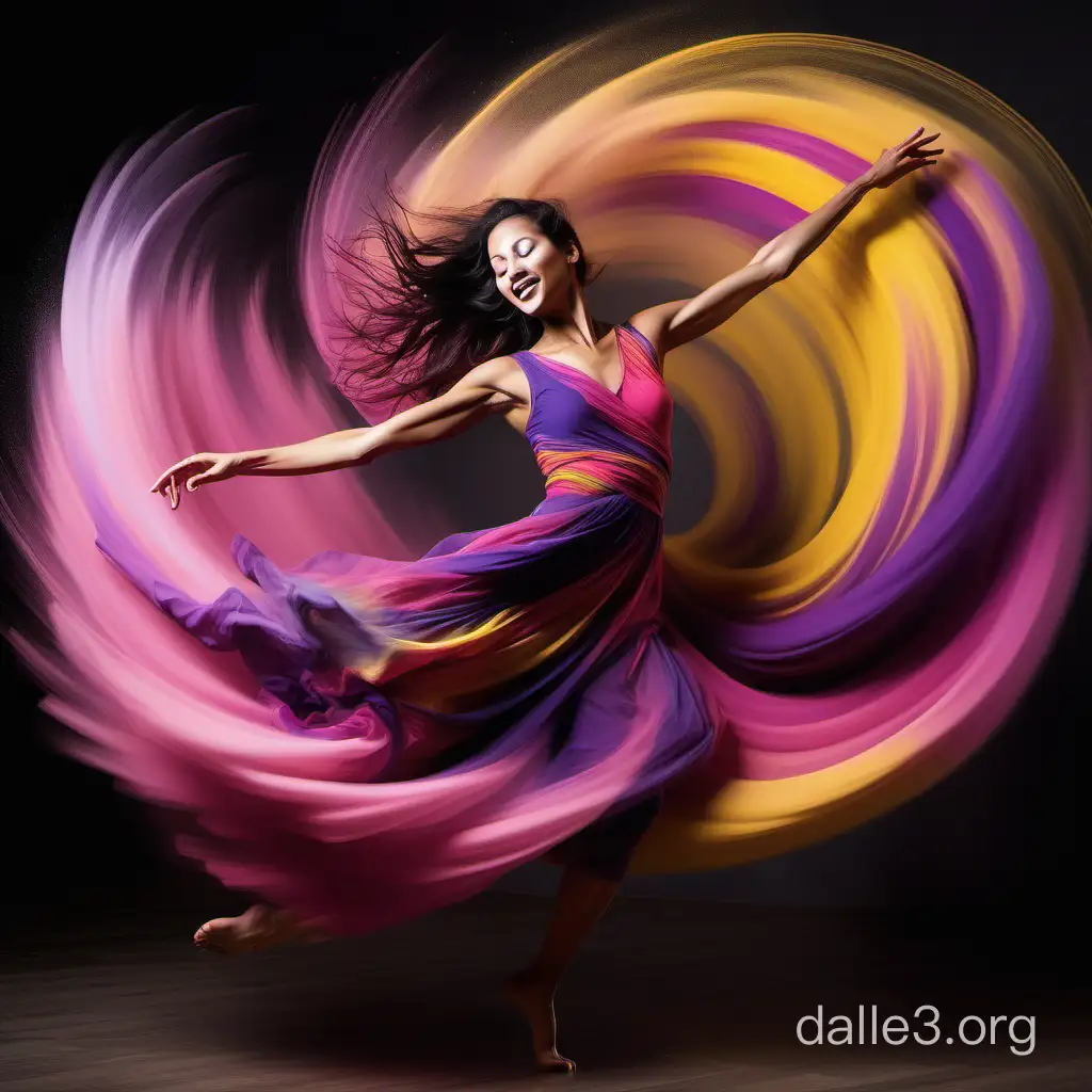 Whirlwind dance, dynamic movement captures the eye as a woman dances among the swirl of colors. Every twist and turn creates a vibrant spectrum of powder, momentarily shrouding it in a veil of pink, yellow and purple. Her joy is palpable, every jump and spin leaves a feeling of flight, detailed hands,Matching human anatomy, accurate arms and legs