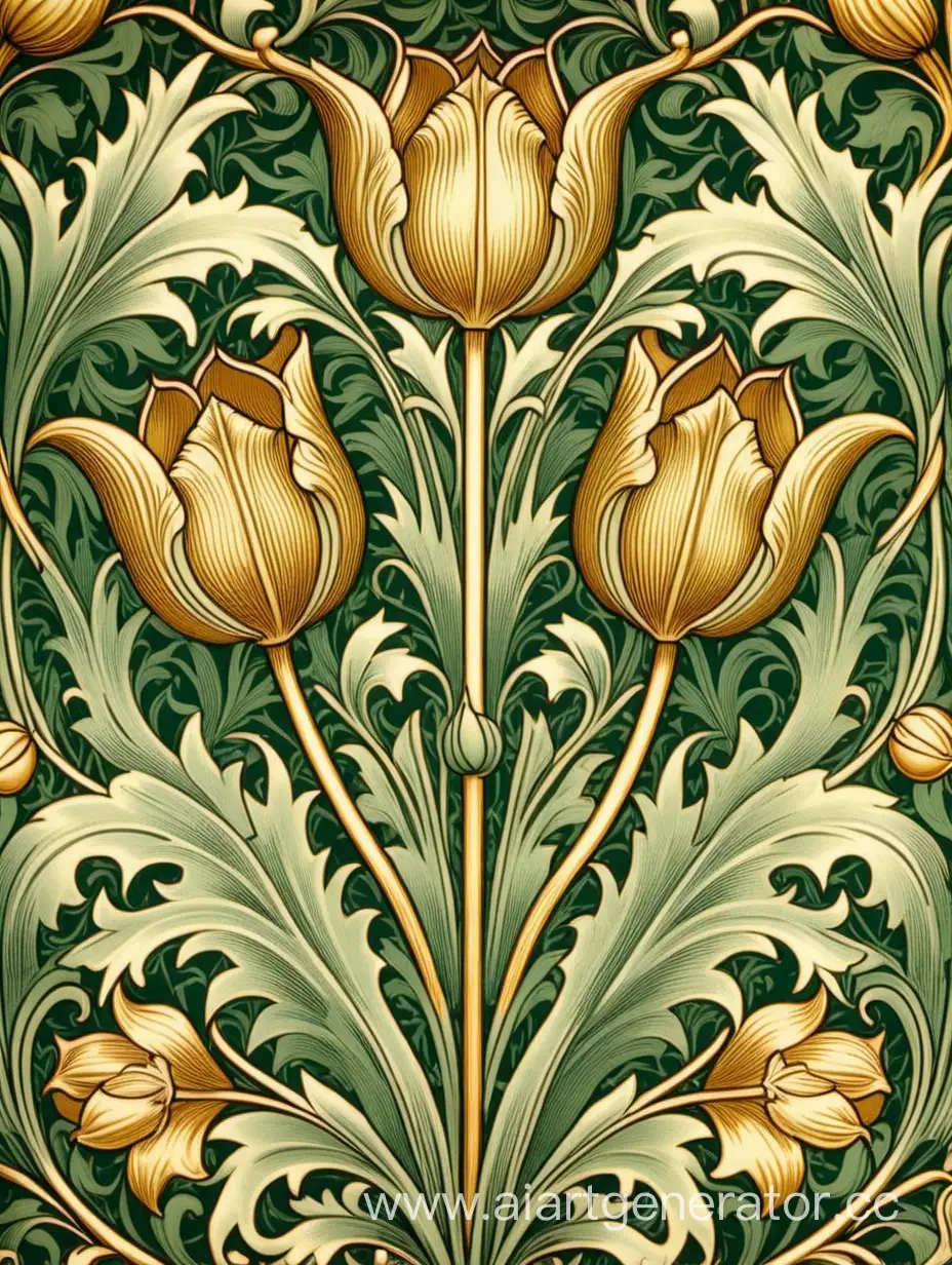 Exquisite-Vintage-Art-Nouveau-Floral-Pattern-with-William-Morris-Tulip-in-Gold-on-Green-Background