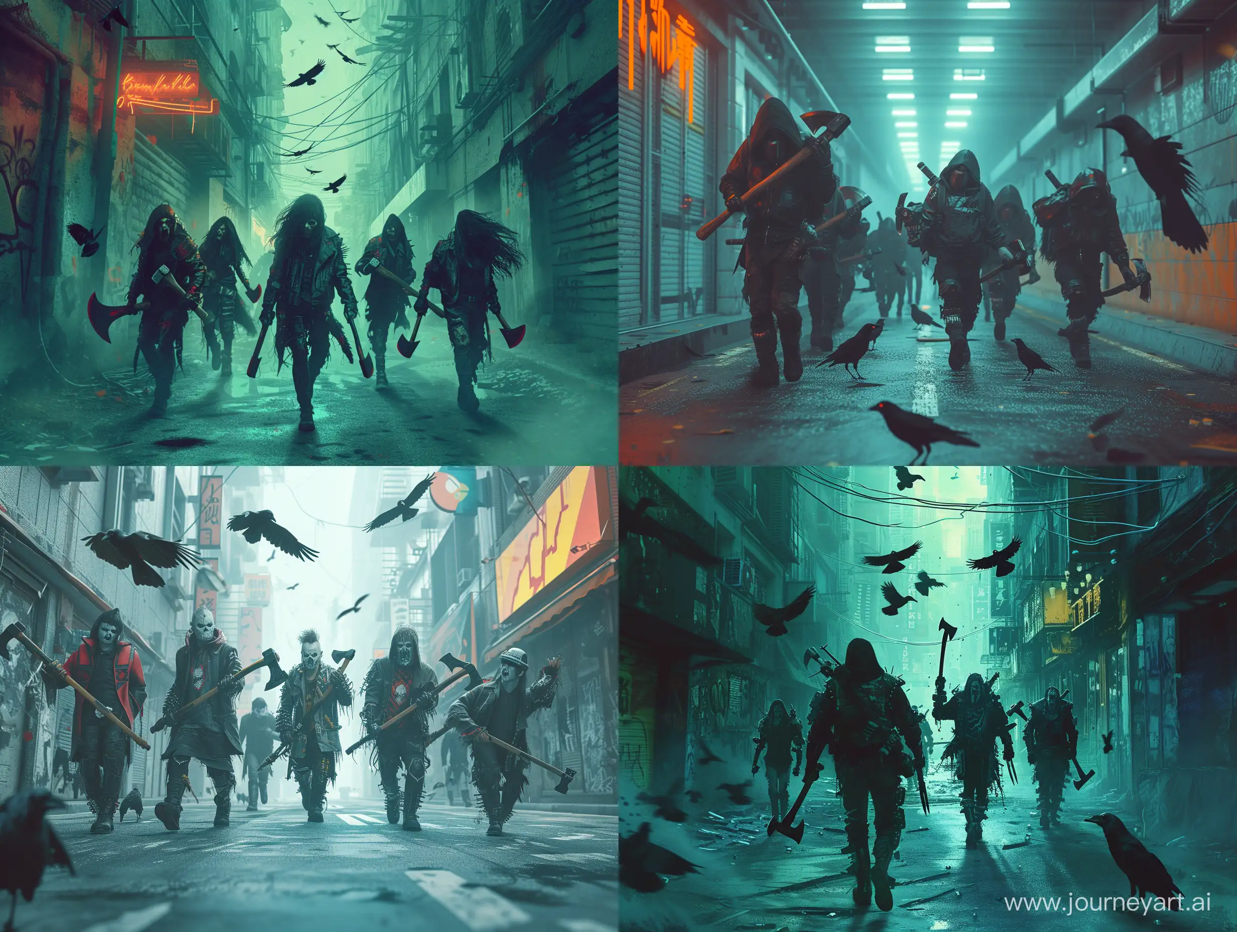 a futuristic gang of scary punk rockers walk towards us down a futuristic dystopian city alleyway, they carry axes, several crows are flying on the road, photo-realistic, atmospheric lighting
