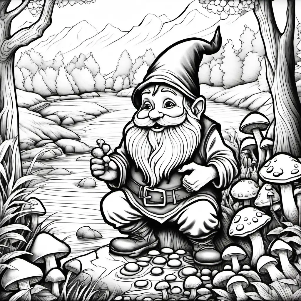 high quality. coloring page. black and white. no shading.
 laughing gnome with mushrooms by river. --v 5