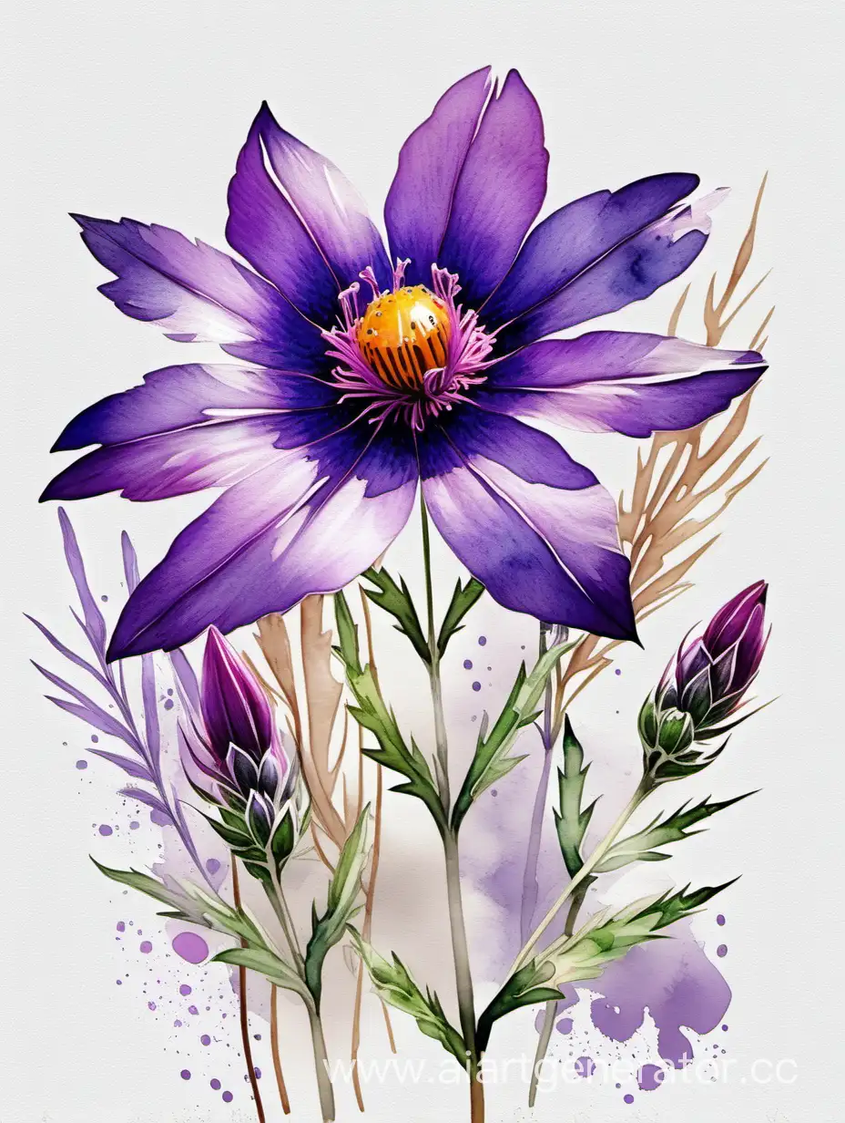 big purple wildflower realistic watercolor, on completely white rough texture  background, vivid colors and  pastel colors painting, brush strokes, 