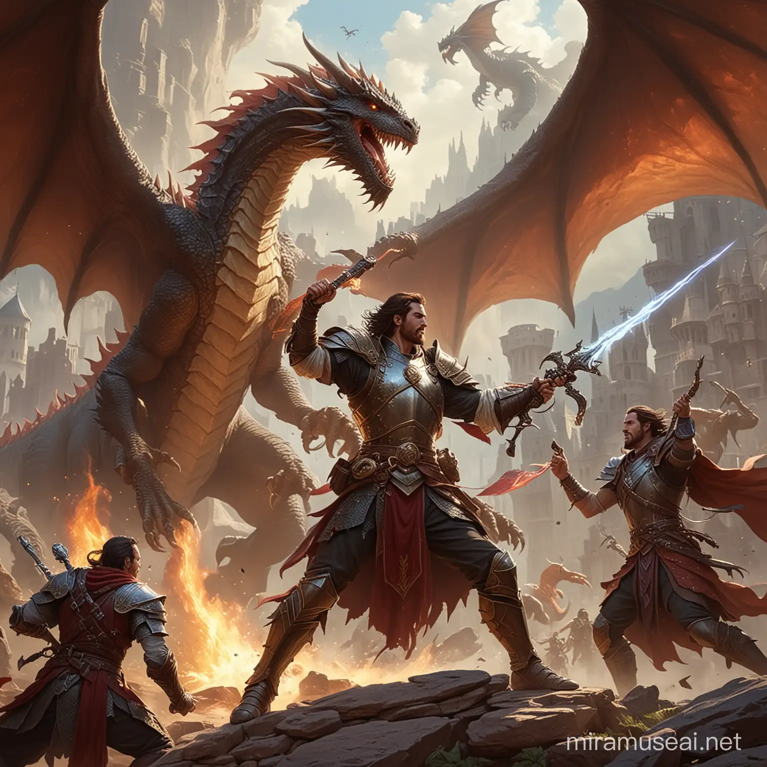 male sorcerer, paladin and bard fighting a dragon