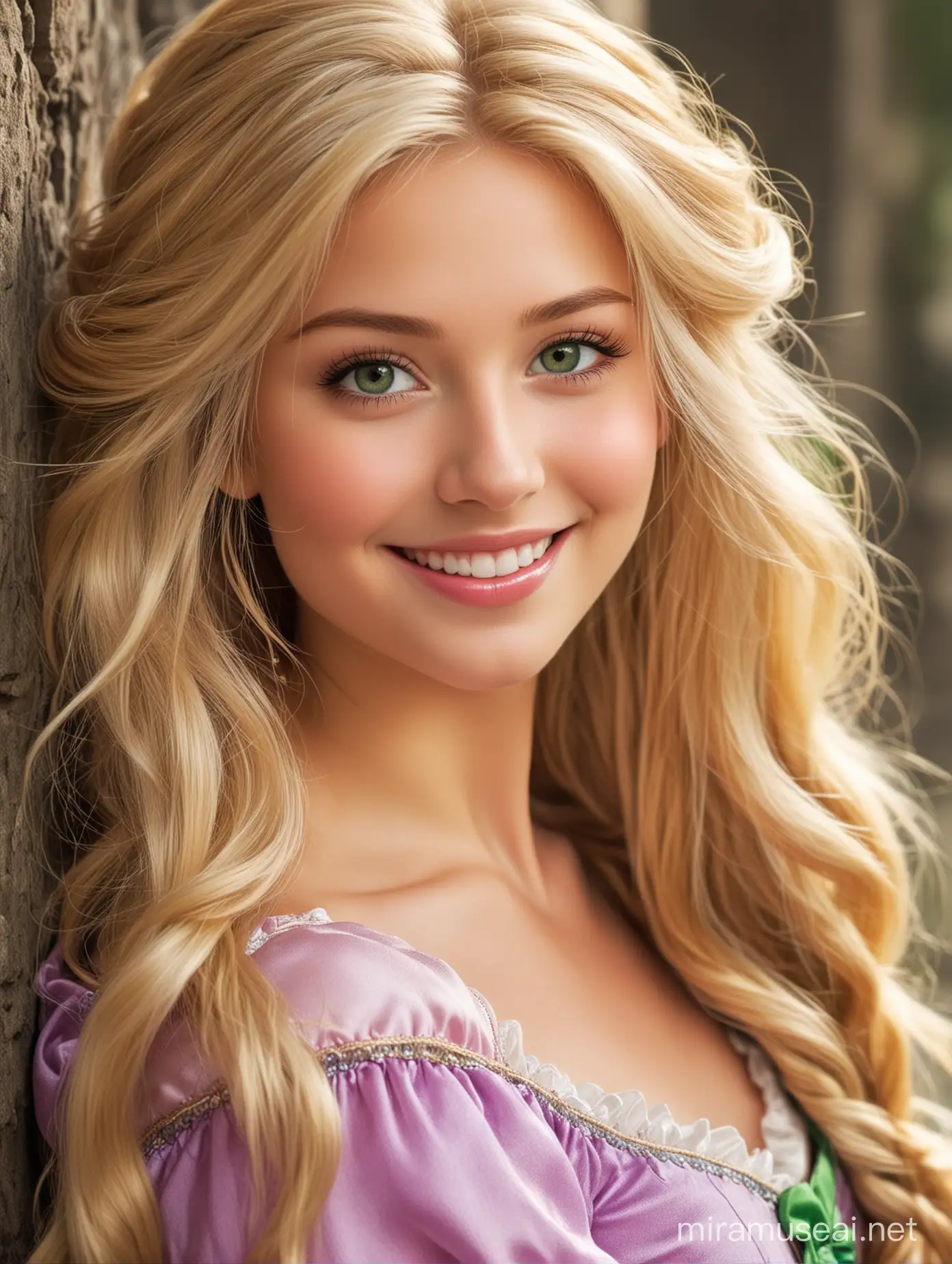 gorgeous princess Rapunzel. Blonde hair green eyes. smiling at you