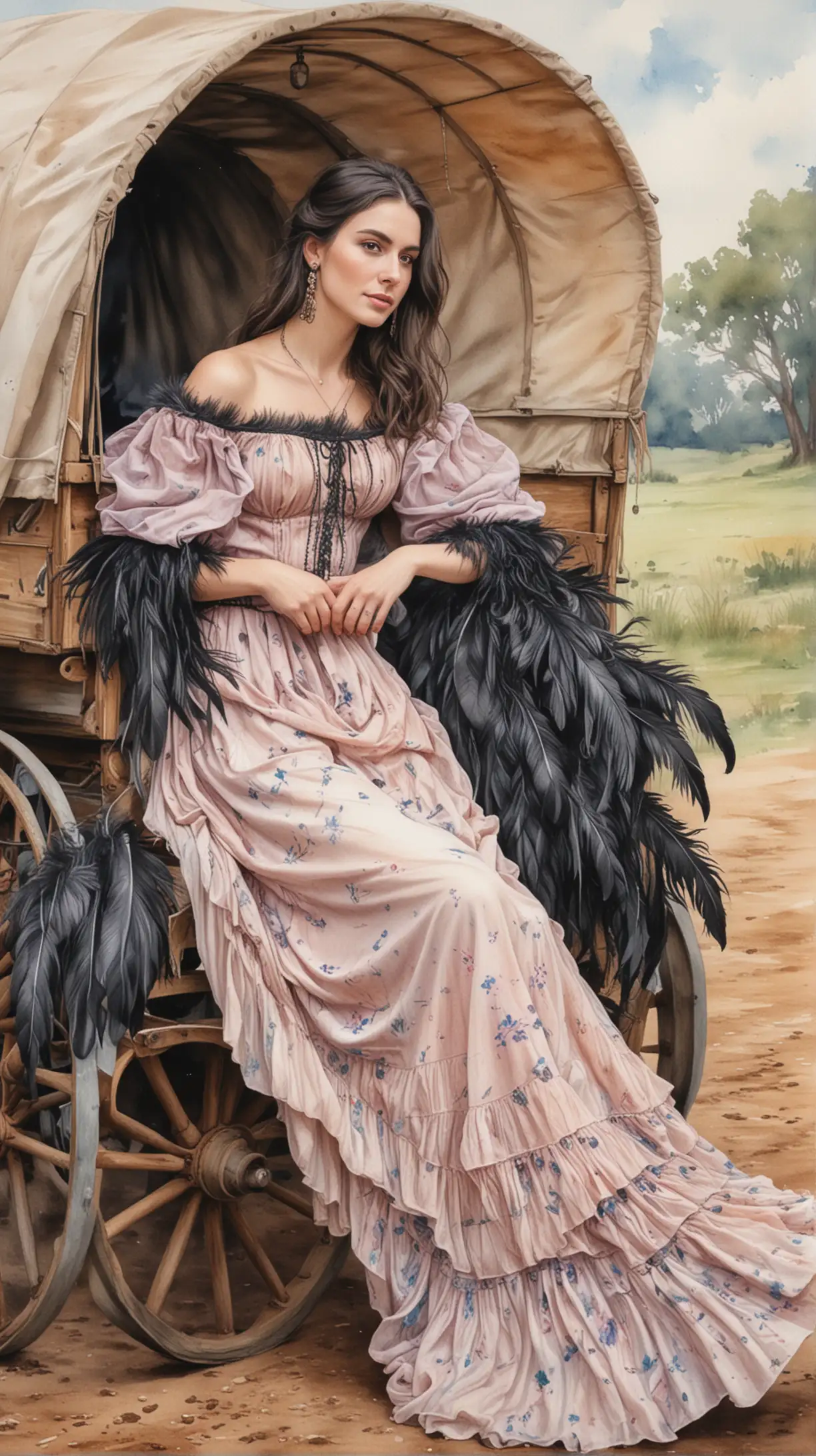 Romantic Watercolor Portrait Elegant Lady in Black Feathered Cape Inside a Romanian Gypsy Wagon