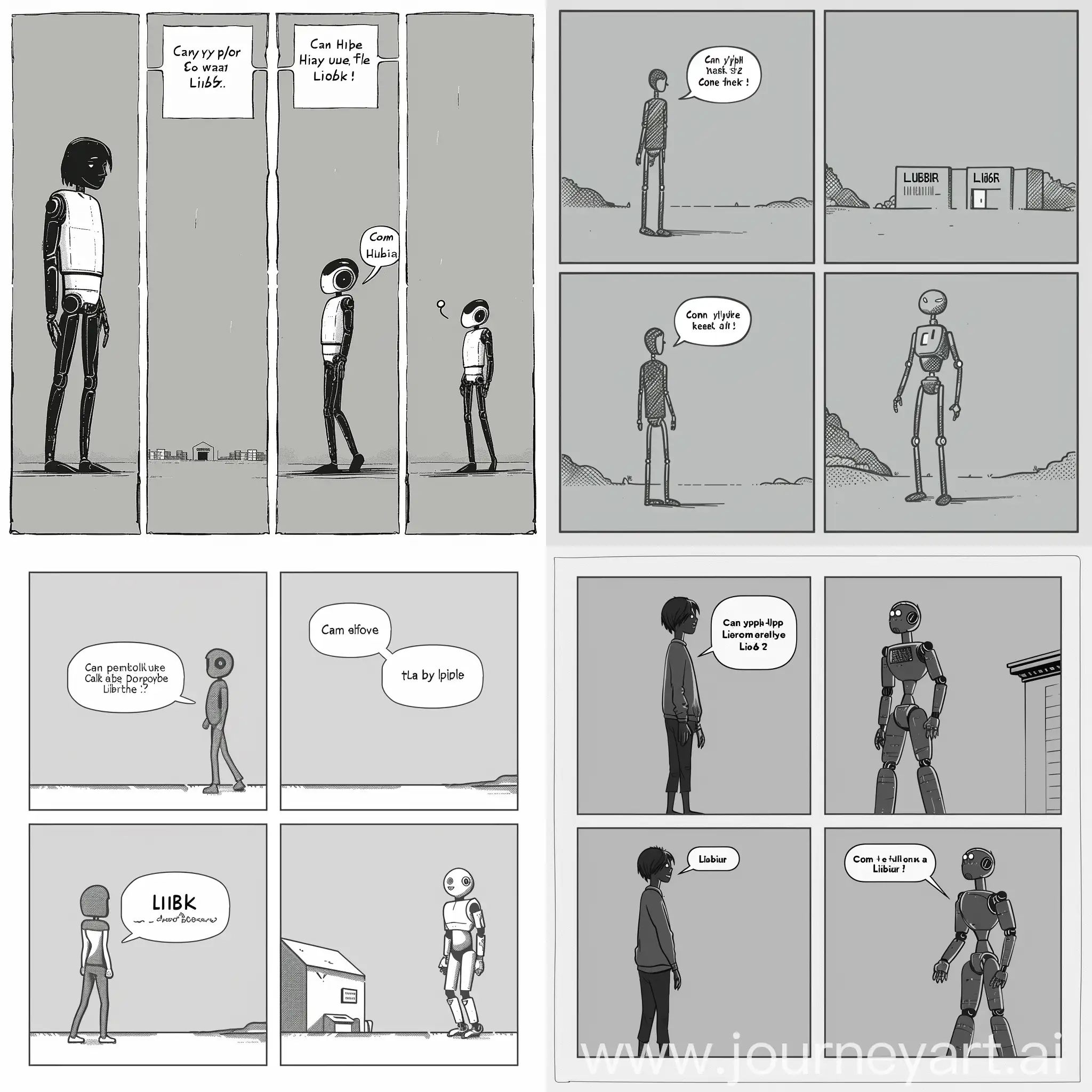 A 4-panel black and white vector comic with horizontally long panels stacked vertically. Use a simple, minimalist style with basic background details. Panel 1: A person stands facing a slightly taller robot with a friendly demeanor. A speech bubble above the person reads, "Can you help me find the library?" Panel 2: The robot walks purposefully forward with the person following slightly behind.  Panel 3: The person lags further behind the robot, looking a bit tired. The robot has turned its head back and a speech bubble shows it saying, "Come on, keep up!" Panel 4: The person and robot stand side-by-side in front of a simple building with a sign clearly marked "Library". Both have small smiles.