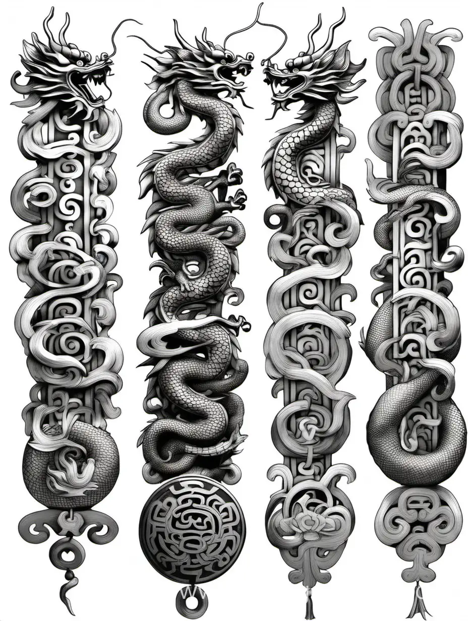 5 collumn of chinese dragon tribal ornaments, black and white