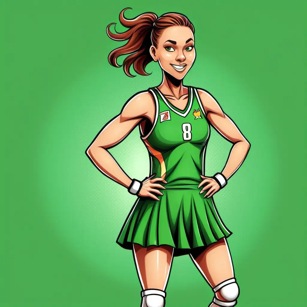 Cheerful Cartoon Netball Player in Green Dress