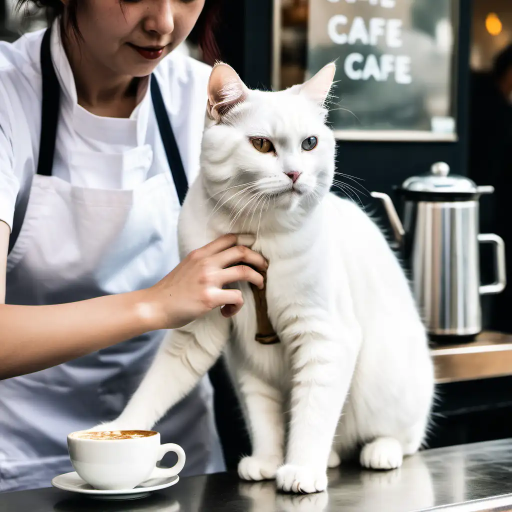 Cafe Worker Tenderly Milking White Cat