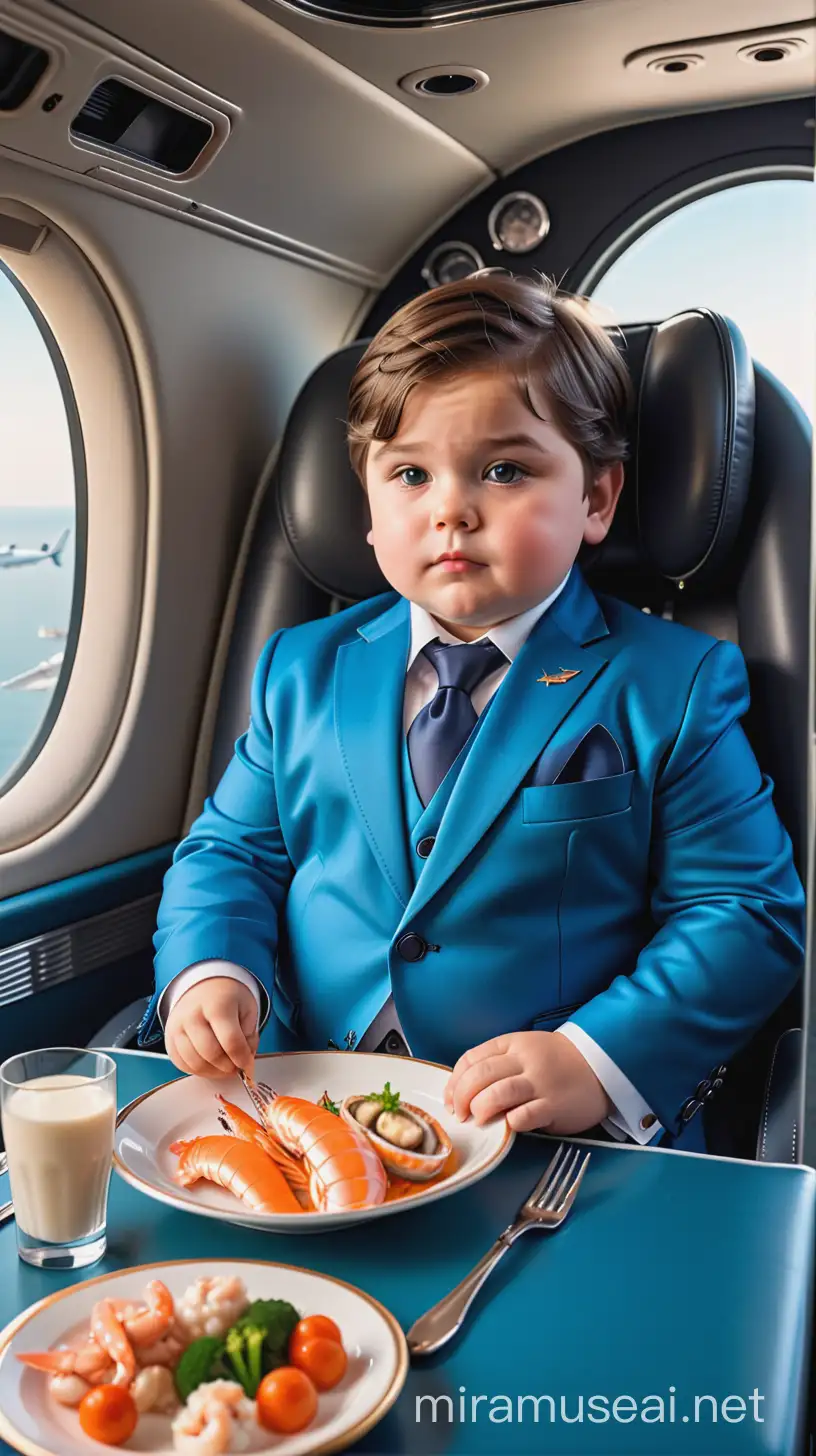 Очень толстый мальчик ребенок с зачесаными на бок темными волосами средней длины в дорогом синем костюме Сидит в дорогом вертолете за столом на котором стоит дорогая еда и морепродукты