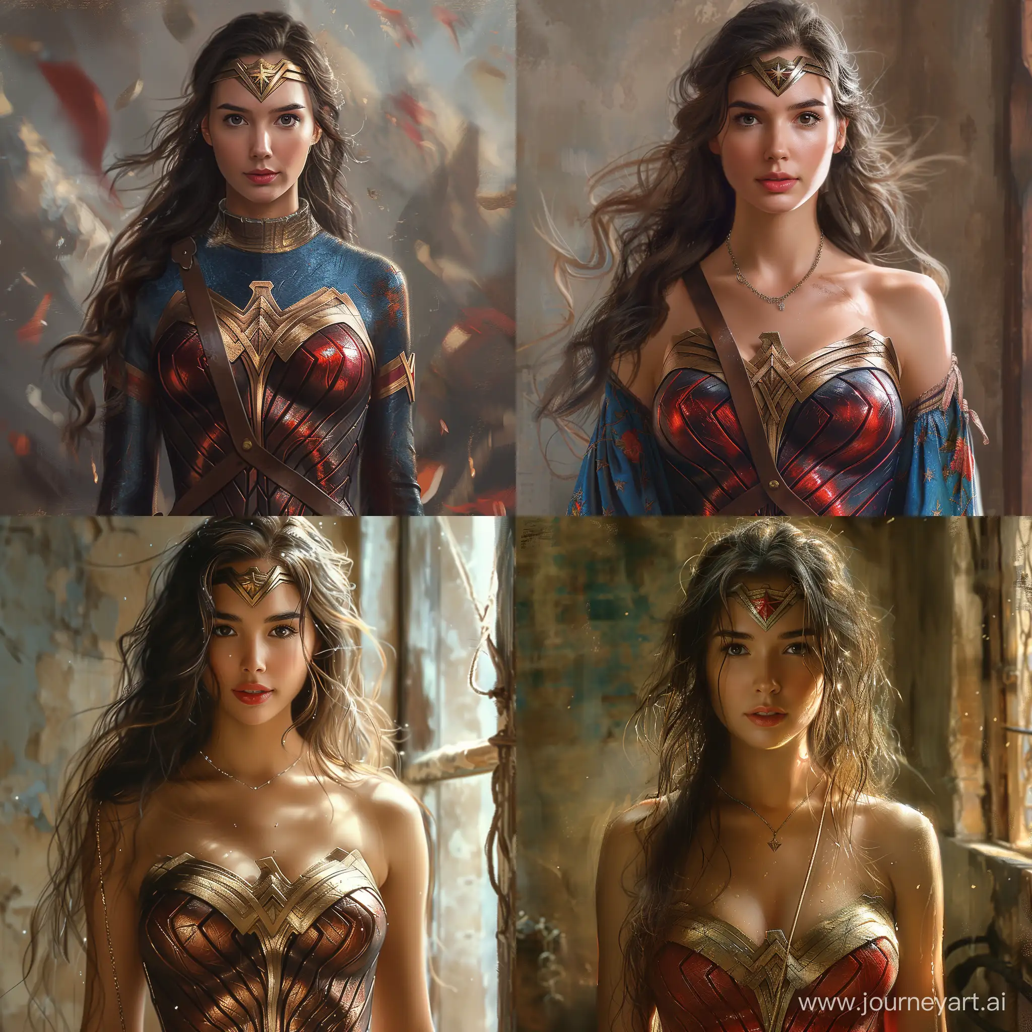Wonder Woman Dress up, Delicate Smooth female, bust Portrait, Asian actress face, super Clear facial details, elegant, realistic: 1, Perspective, highly detailed, digital painting, art station, concept art, Smooth, Sharp focus, illustration, 8k --stylize 750 --v 6