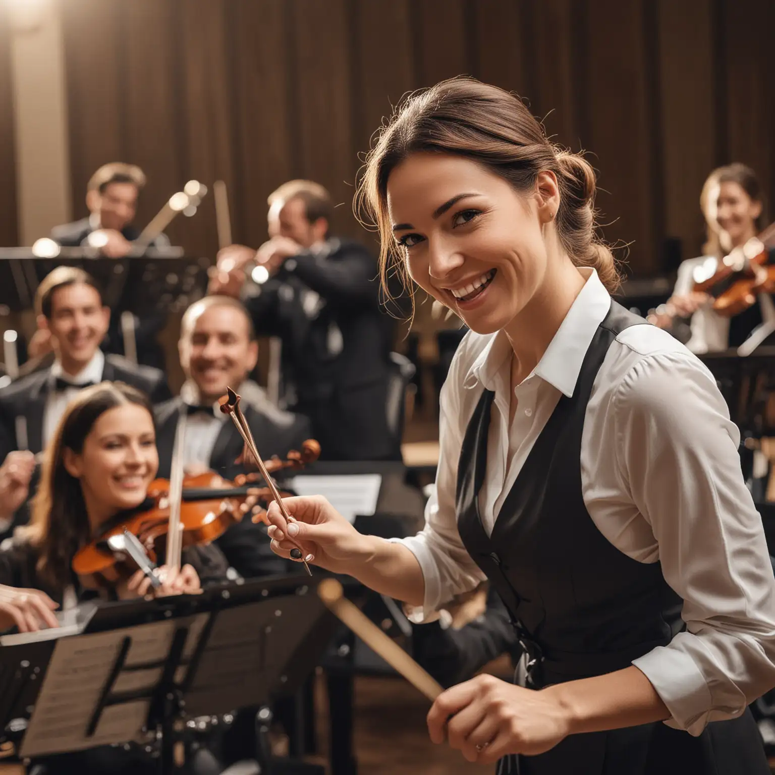Smiling Woman Conducting Orchestra with Husband in HighQuality Photo