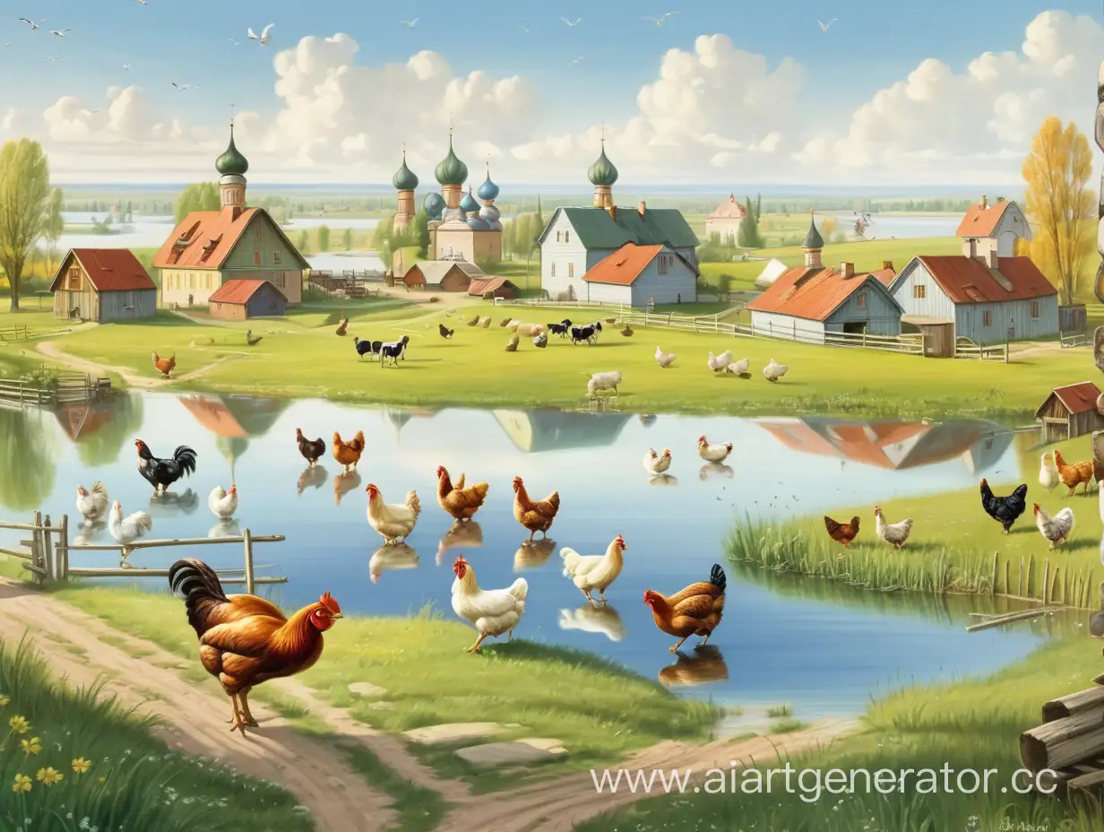 Rural-Russian-Village-Scene-with-Livestock-and-Pond