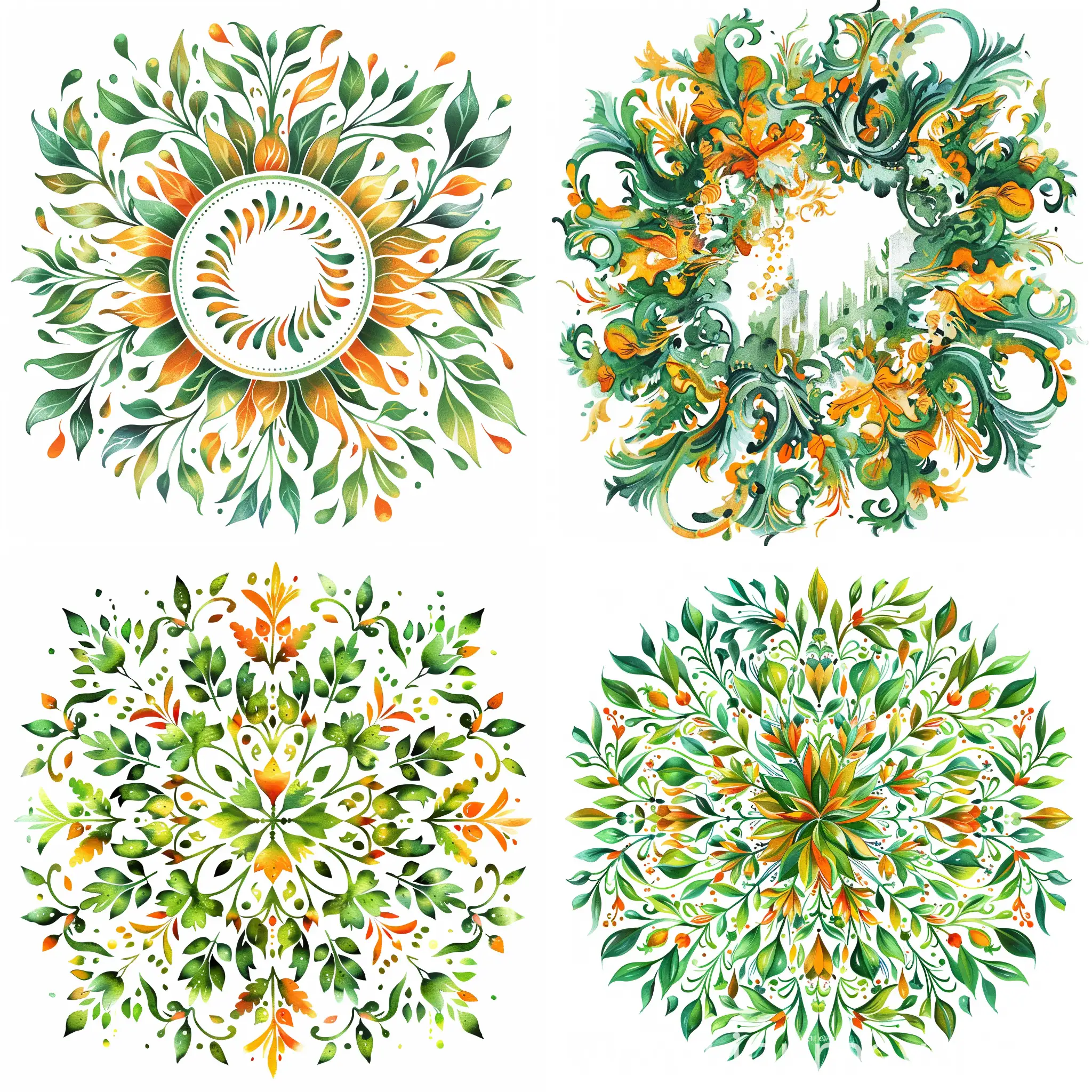 Fast- moving round ornament, with autumn motifs, with protruding peak elements, at an angle of 36 degrees, Baroque style, on a white background, lots of green, vector cheerful style, watercolor, decorative, flat drawing