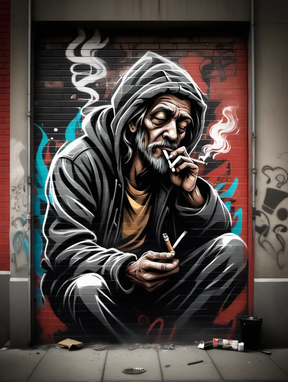 Create an image in a Graffiti Style of a city alley way you a homeless person smoking