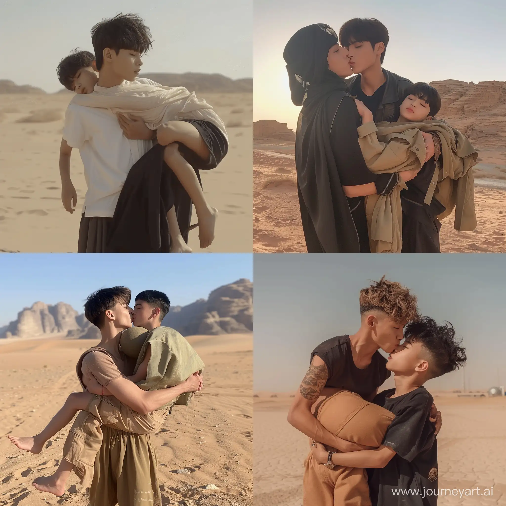 Very Tall very muscular kpop boy kiss and carry very short teenager arab boy in desert 