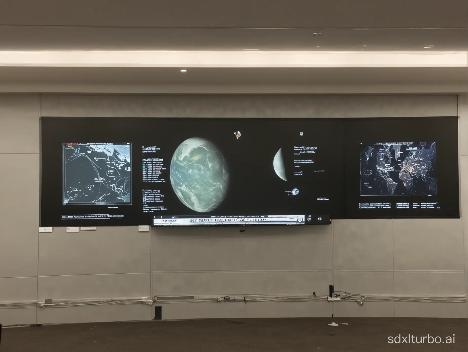 There were four huge screens in a room showing some Earth-moon information, rocket launch information, and there was nothing in the room except the screen, no people!no desk!