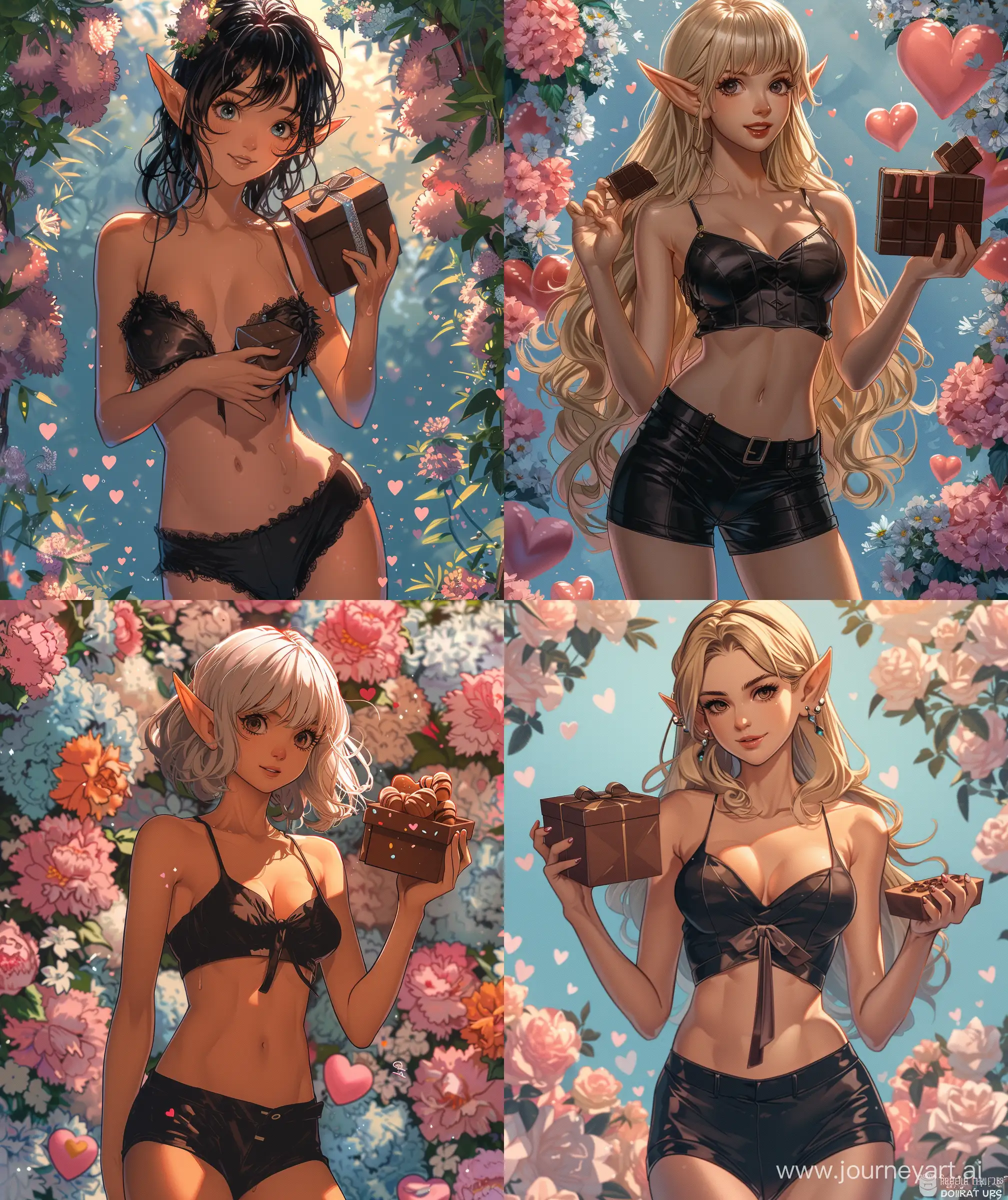 Beautiful elf woman , anime style, illustration, beautiful heart' flowers background, light pink and blue mix theme, modern black dress, short black pant, dynamic hand pose of holding chocolate box, love, cute and happy facial expressions, no hyperrealistic, ultra HD, high quality, sharp details, --ar 27:32 --s 400