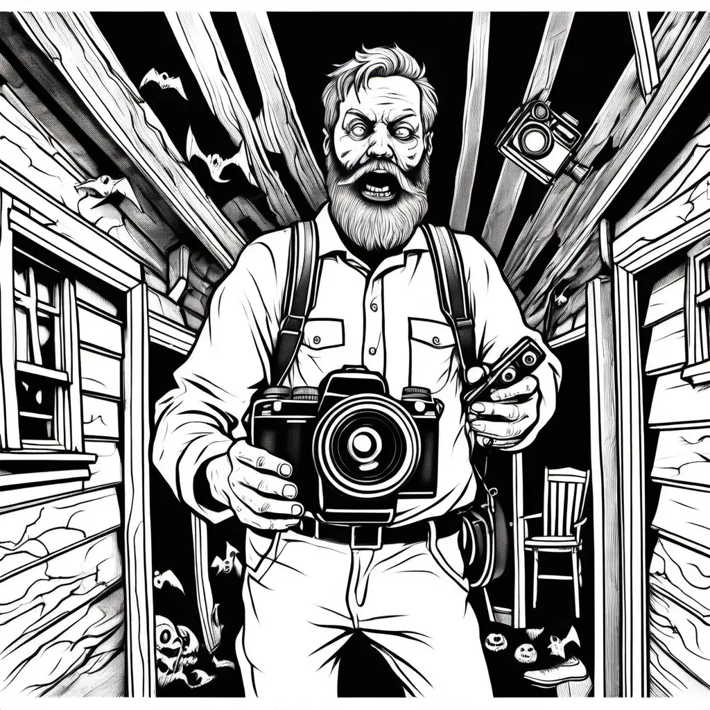 simple black and white drawing of a man with beard and camera strapped to his head and filming inside a frightening haunted house all in white for coloring
