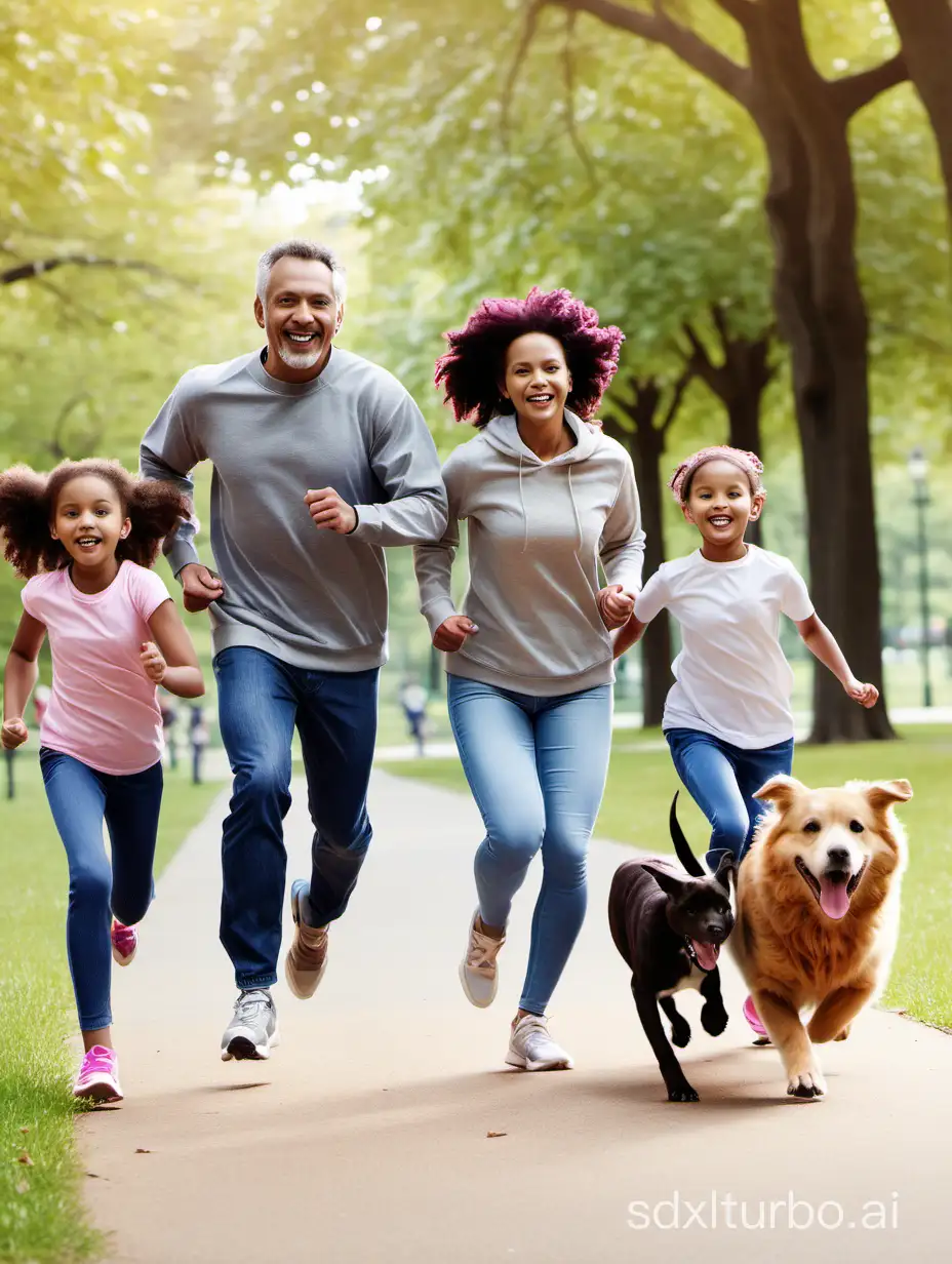familia corriendo parque con su mascota
