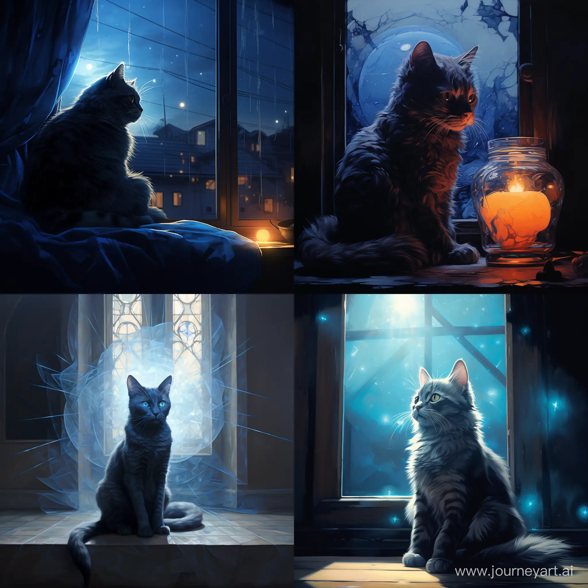 Light::2 art, голубая кошка с черными узорами лениво разлеглась на фоне окна, мягкий свет проникает через окна отбрасывая блики на кошку