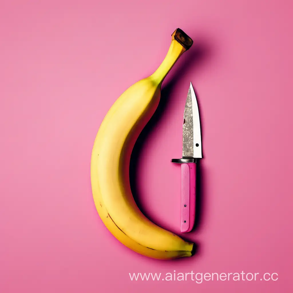 Розовый банан со снятой кожурой и ножом