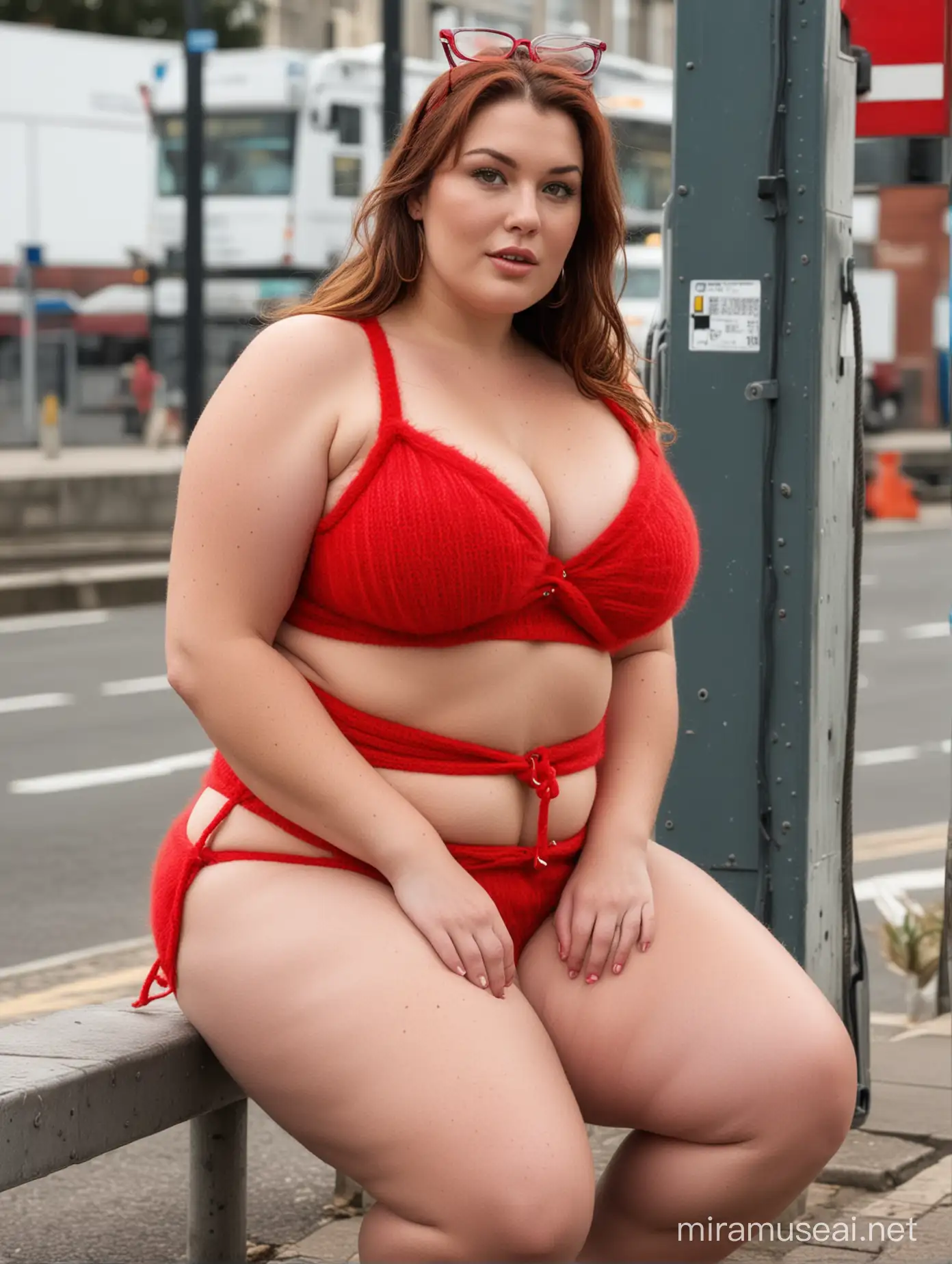 curvy plus-size woman with huge round soft outsize boobs, wearing only an extremely thick red fuzzy cable-knit mohair wool bikini, sitting at a bus stop