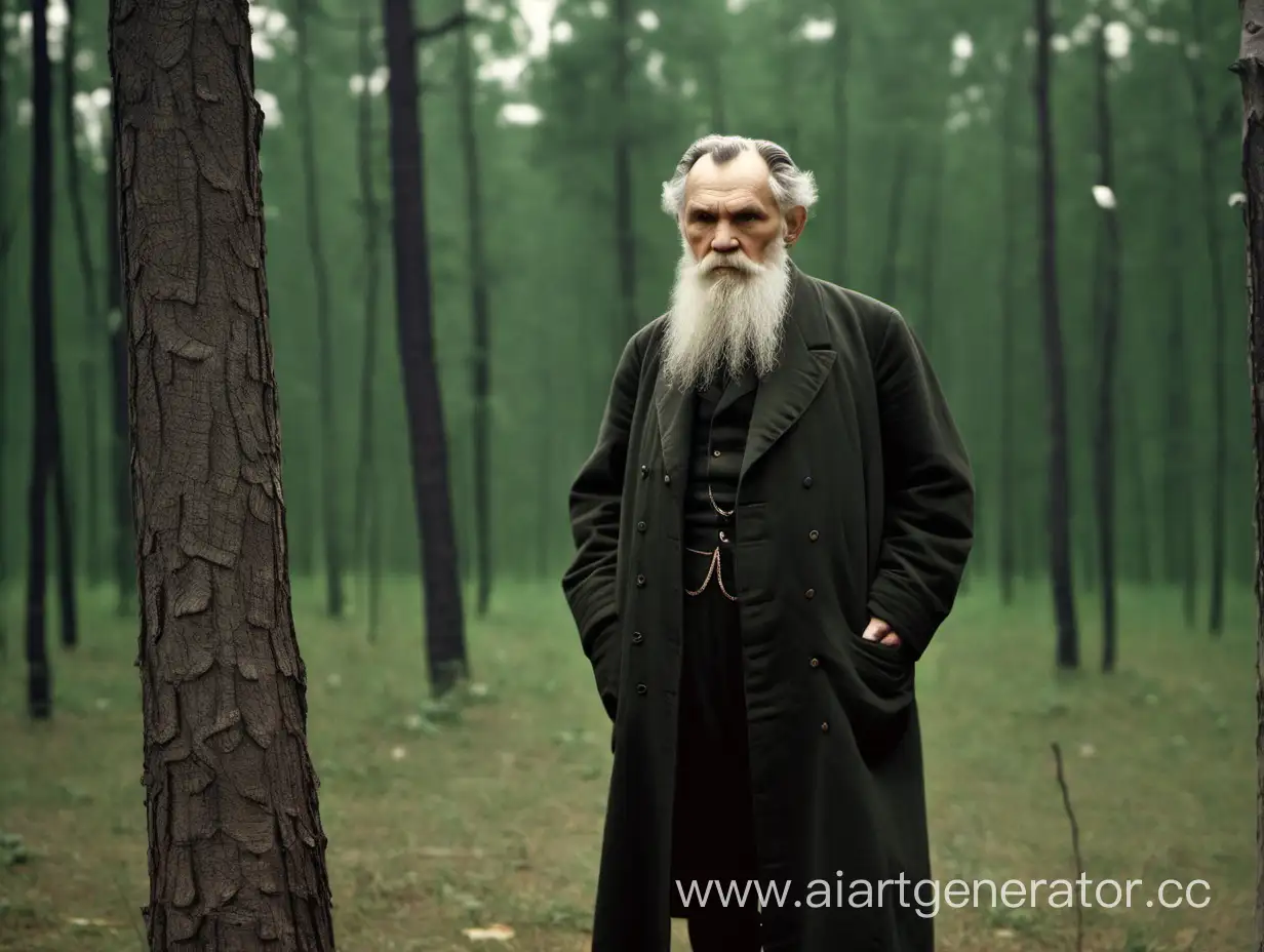 Лев Толстой стоит перед лесом