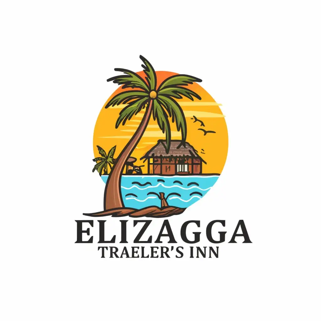 a logo design,with the text "Elizaga Traveler's Inn", main symbol:palm tree, beach, trees, and a hotel,Moderate,clear background