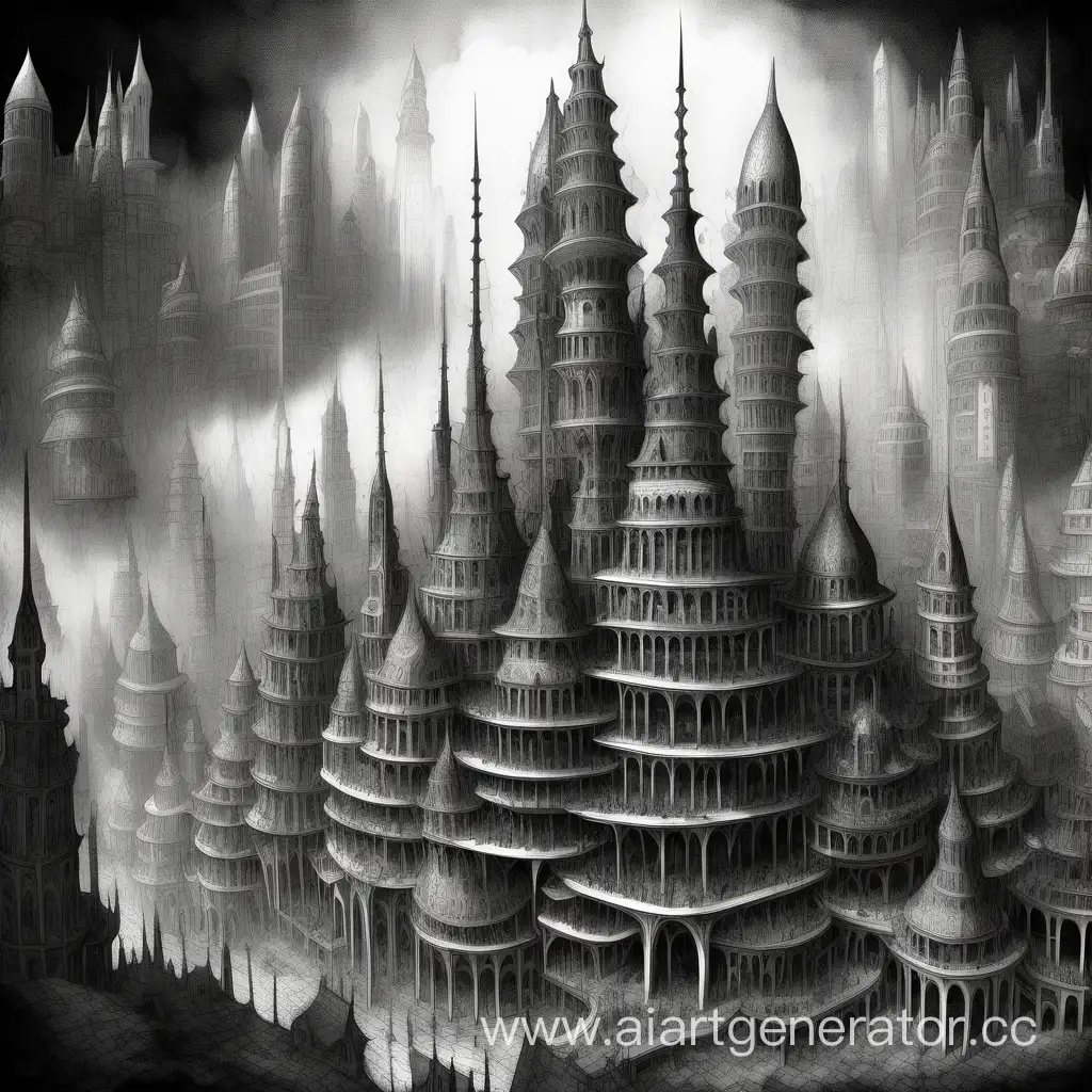 Fantasy, a lot of very high towers of strange architecture style, sharp roof, engrave style