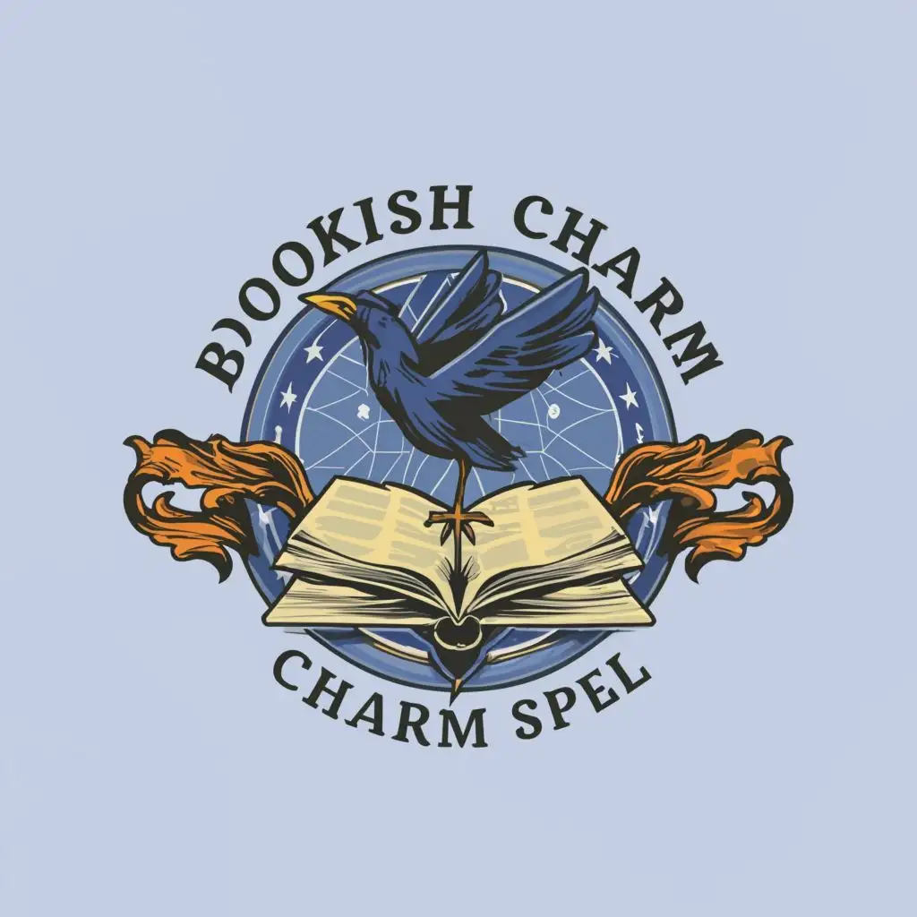 logo, Main symbol of your logo, a book and a raven, blue background etc, with the text "Bookish Charm Spell", typography, be used in Internet industry