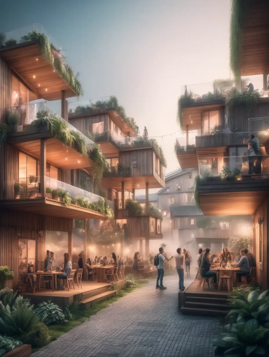 Enchanting Urban Landscape Futuristic and Wooden Houses with Vibrant Greenery and Festive Atmosphere