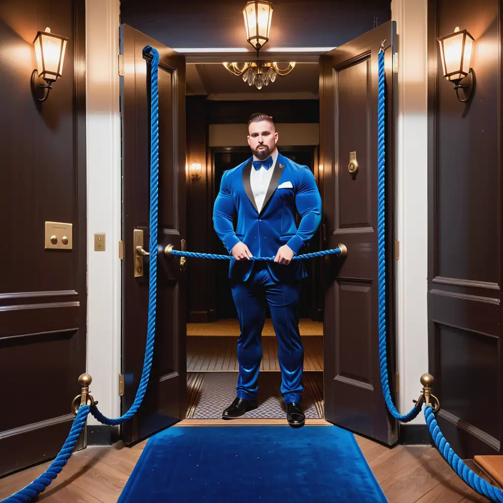 bouncer at members only club door with blue velvet rope across entrance