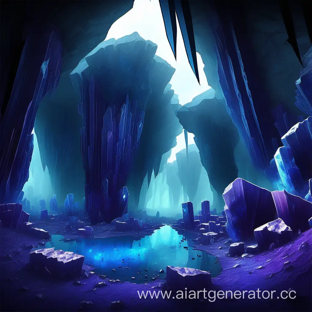 A gloomy cavernous quarry with and vibrant indigo crystal formations jutting out all over the place