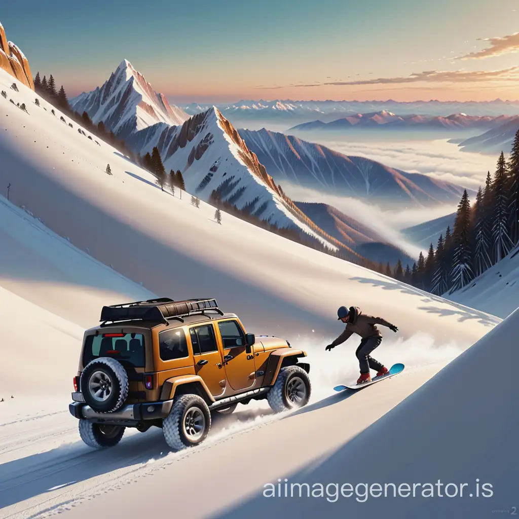 a man is rolling down a mountain on a snowboard next to a jeep, winner of the cgsociety competition, digital art, airbrushing, profile image 1024px, thps level 2, art drive, high definition, insanely detailed, matte painting, golden ratio, chiaroscuro, japanese art, art by gerald b