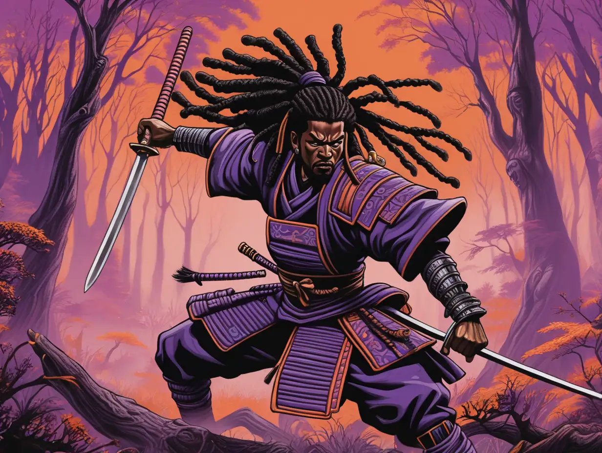 Epic Battle Black Samurai Warrior with Dreadlocks in a Mystic Forest
