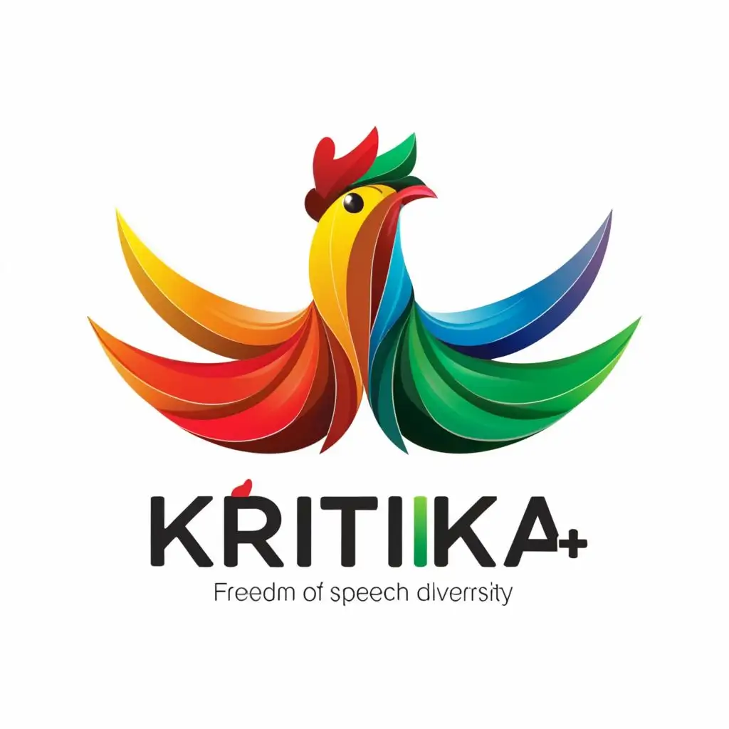 a logo design,with the text "K R I T I K A  +", main symbol:Chicken, colofrul three colour , freedom of speech , interesting , COLORFUL COCK EMBLEM,complex,be used in Nonprofit industry,clear background
