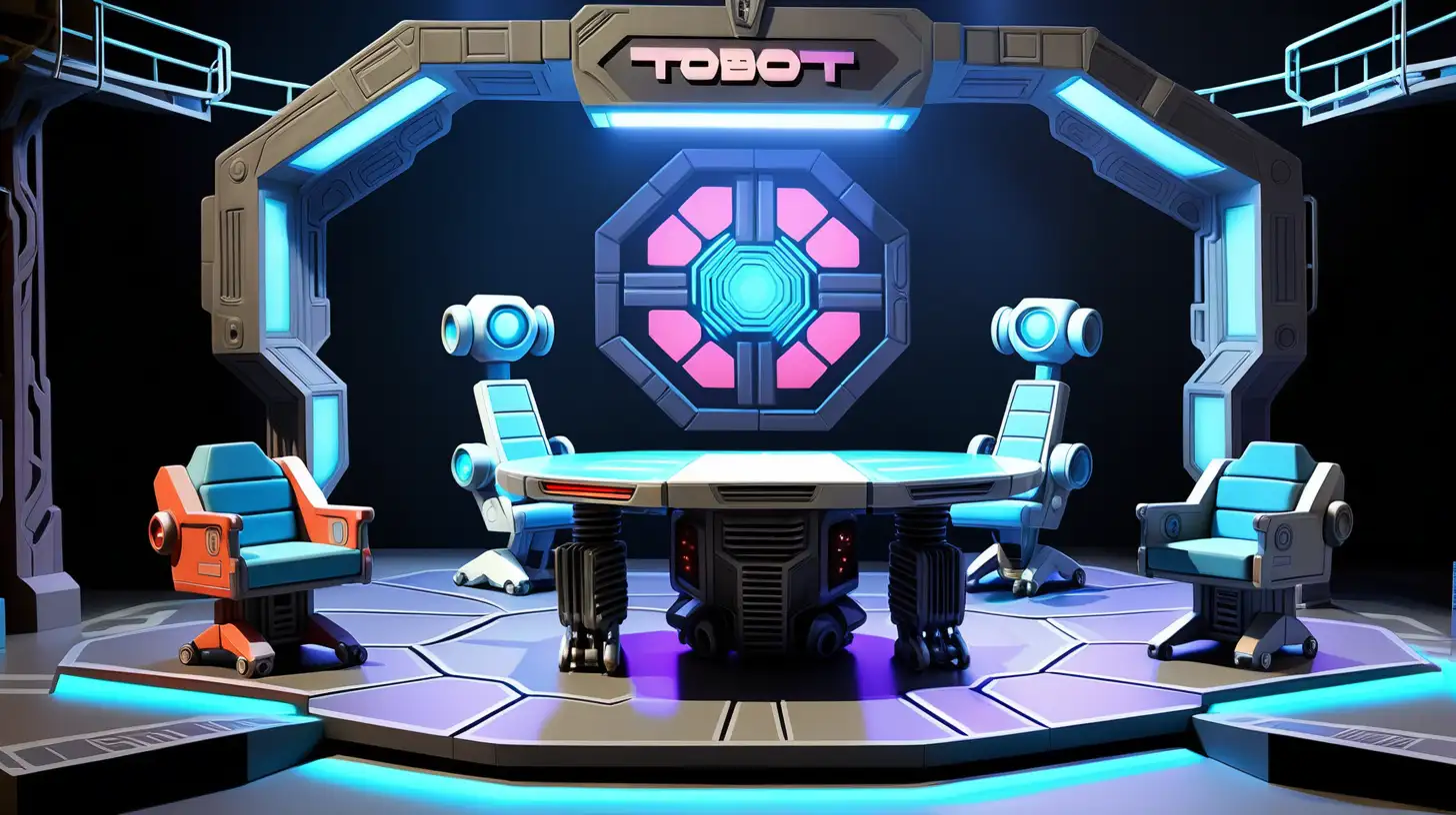 A science fiction-style stage design used for children's Tobot toys competition. The stage light is in cyberpunk style, and there is a large table in the middle of the stage, which is in science fiction style as well used for children to finish the transforming competition. With four chairs beside the competition table. And don't put the Tobot on the table. Use blue color as the main color of the stage design.

