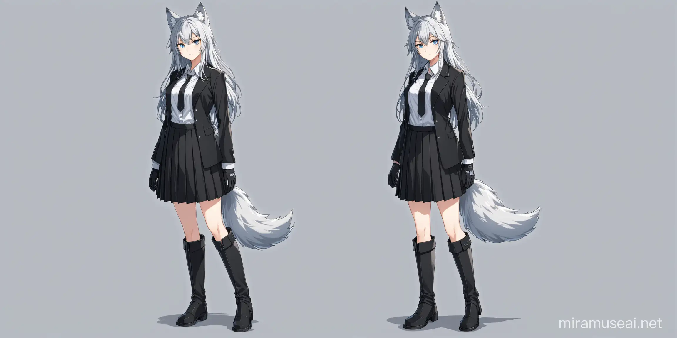 full body view, wolf girl, grey wolf, wolf ears, blue eyes, long hair, wolf tail, black hair, two-tone-hair, white hair, animal ears, white button-up shirt, black suit coat, black pleated skirt, black gloves, long sleeves, black tall boots, tall girl, neutral expression, looking at viewer