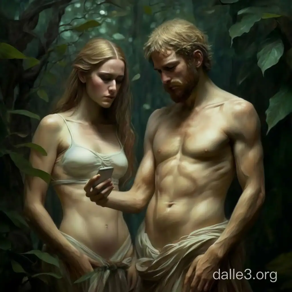 Draw me an artwork of adam and eve, where eve is tempting adam with a smartphone, make the smartphone contrast, perhaps coloured white or gold