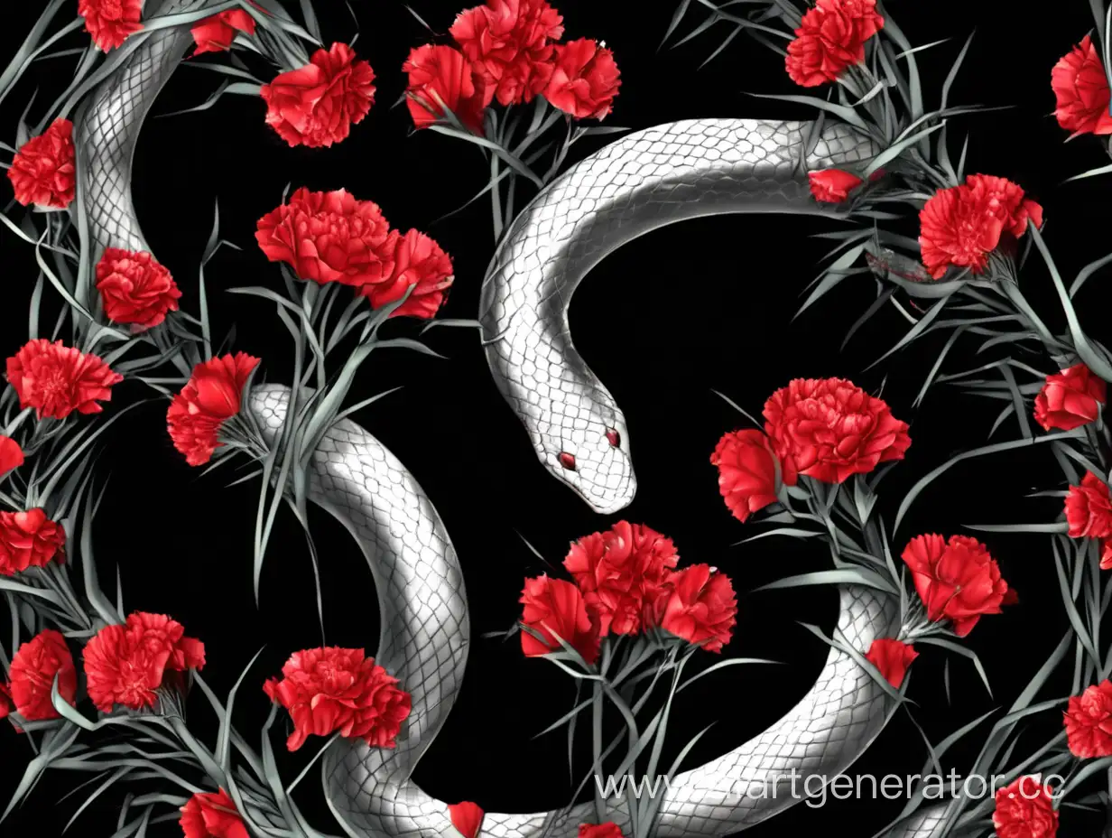 Red-Carnations-with-Serpentine-Accents-on-Black-Background